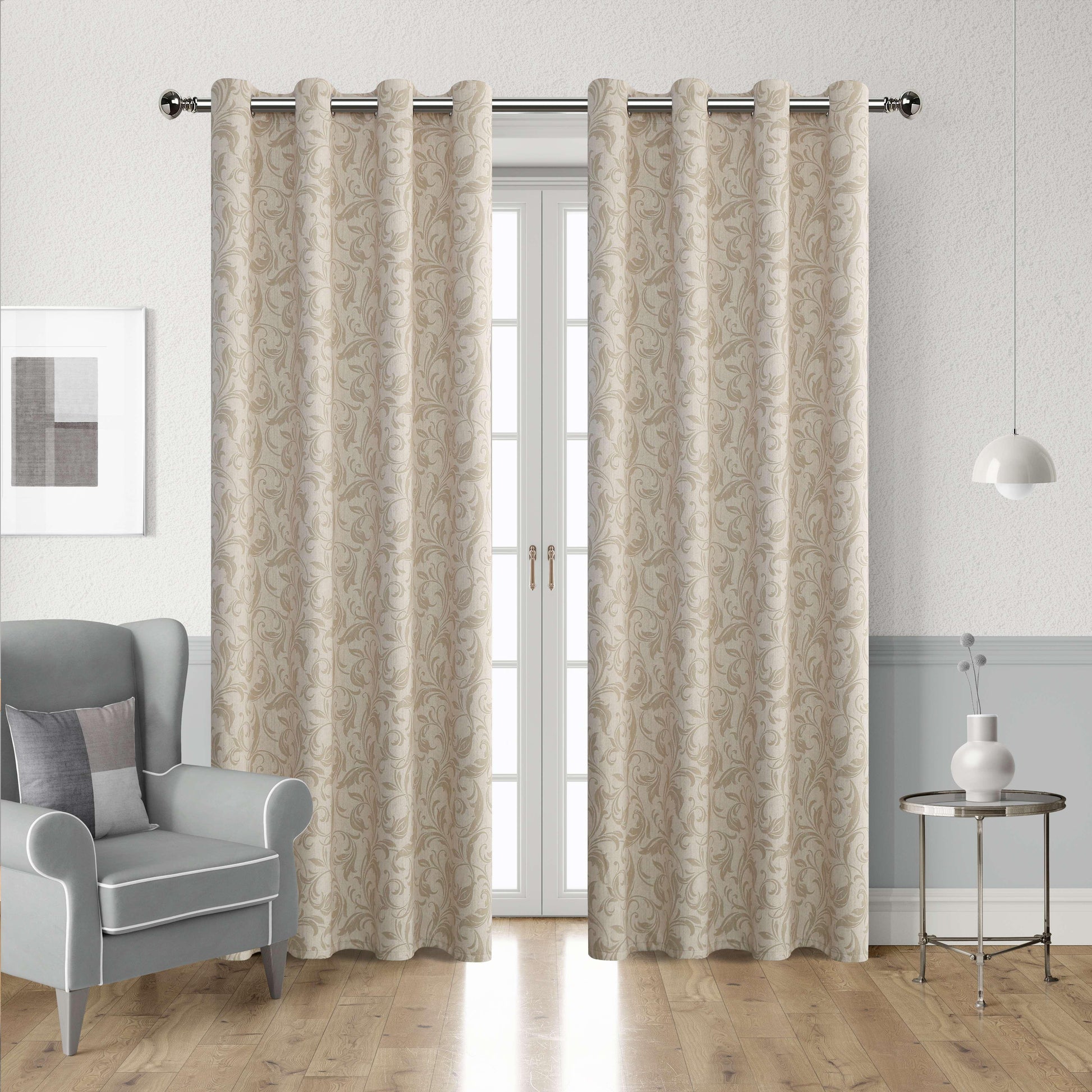 Beige blackout curtain with elegant floral patterns, offering excellent light blocking, enhanced privacy, and a warm, sophisticated look for living rooms, bedrooms, or home offices.