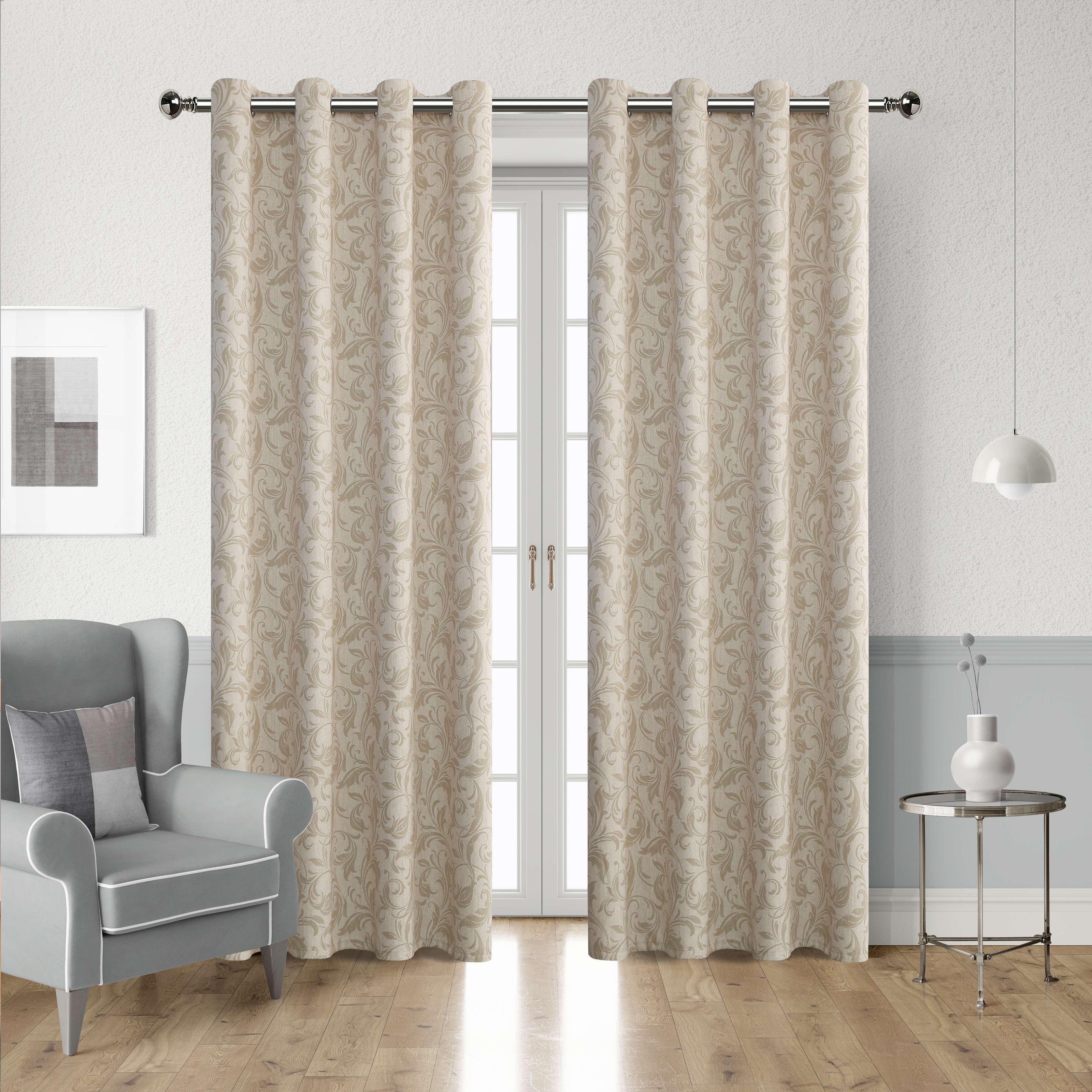 Beige blackout curtain with elegant floral patterns, offering excellent light blocking, enhanced privacy, and a warm, sophisticated look for living rooms, bedrooms, or home offices.