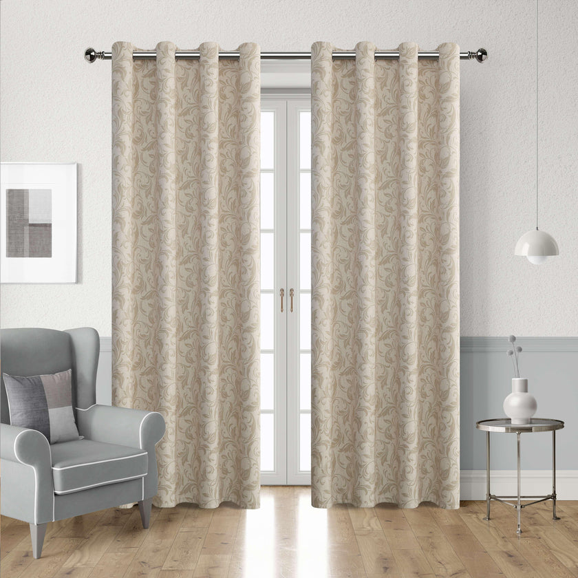 Beige blackout curtain with elegant floral patterns, offering excellent light blocking, enhanced privacy, and a warm, sophisticated look for living rooms, bedrooms, or home offices.