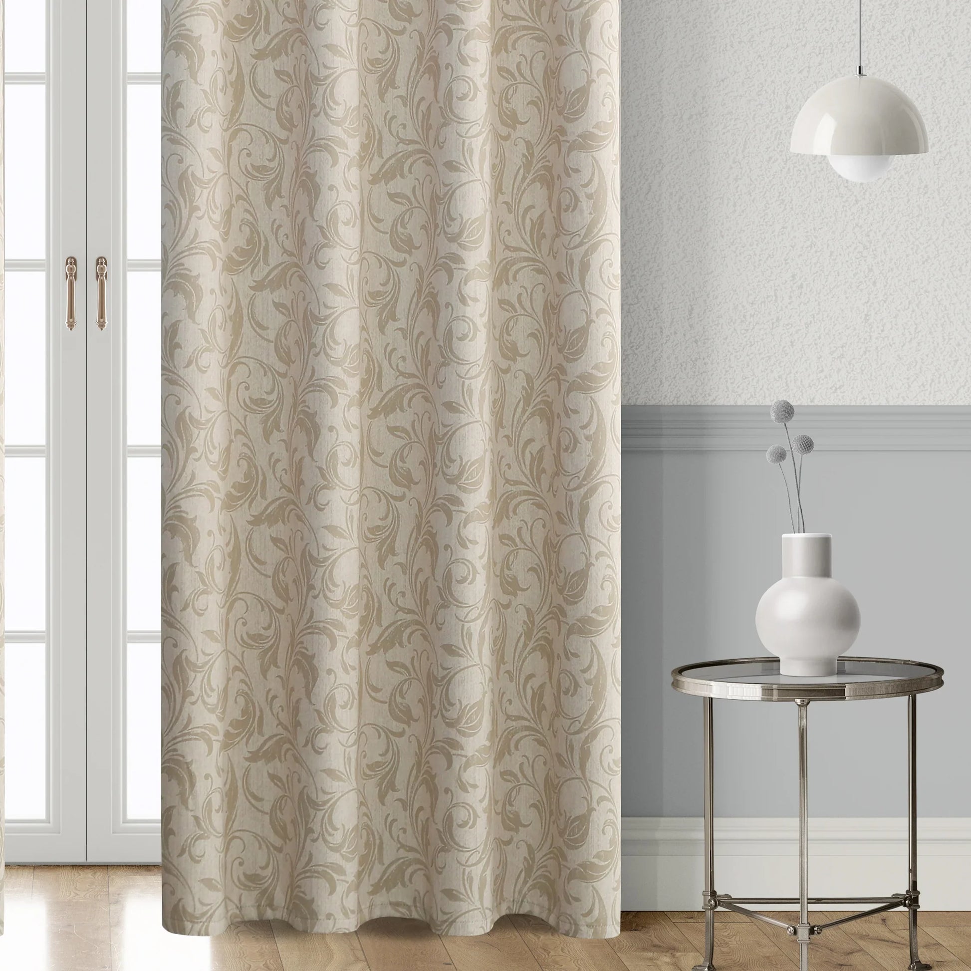 Beige blackout curtain with elegant floral patterns, offering excellent light blocking, enhanced privacy, and a warm, sophisticated look for living rooms, bedrooms, or home offices.