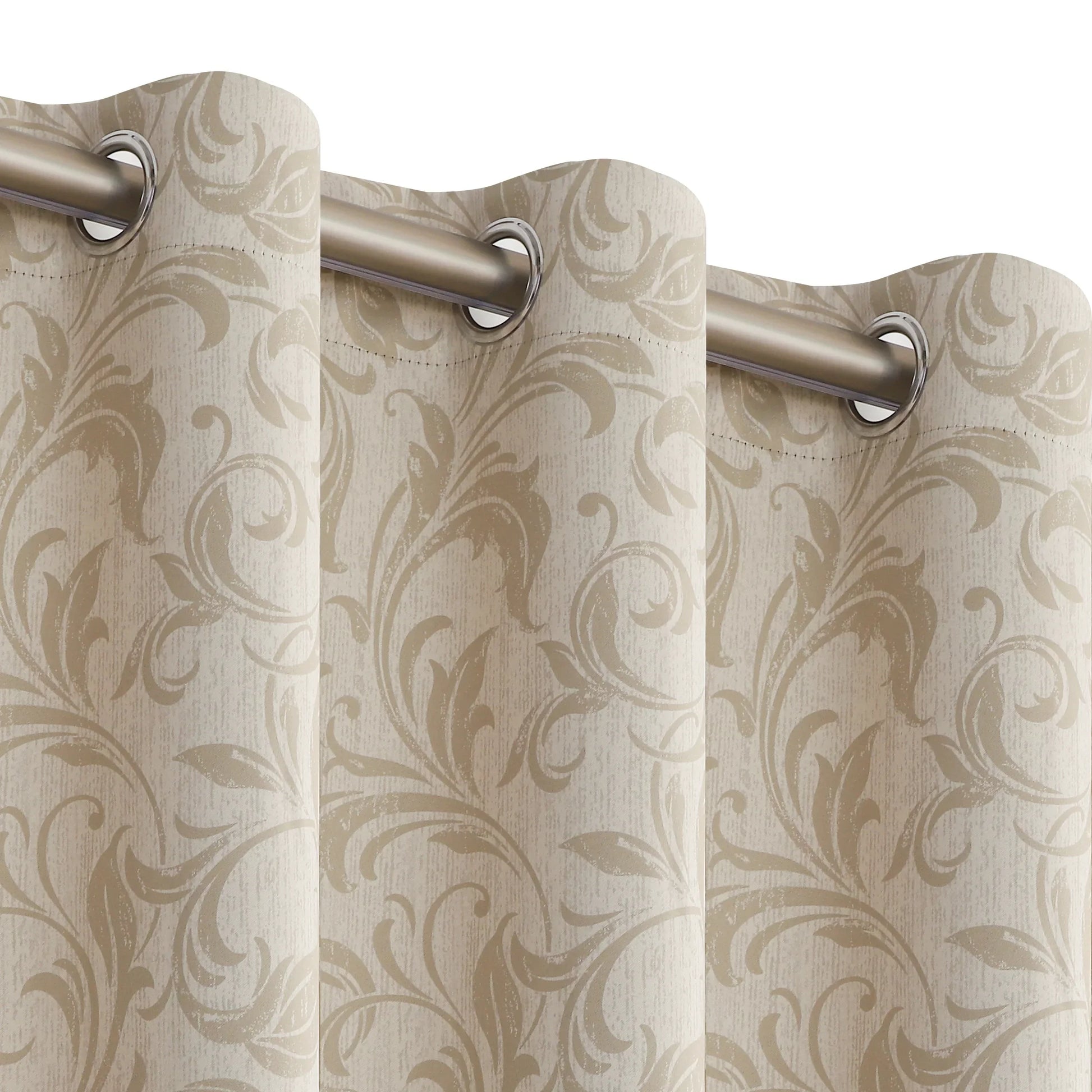 Beige blackout curtain with elegant floral patterns, offering excellent light blocking, enhanced privacy, and a warm, sophisticated look for living rooms, bedrooms, or home offices.