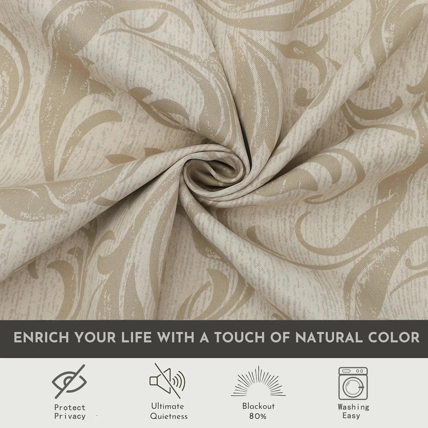 Beige blackout curtain with elegant floral patterns, offering excellent light blocking, enhanced privacy, and a warm, sophisticated look for living rooms, bedrooms, or home offices.