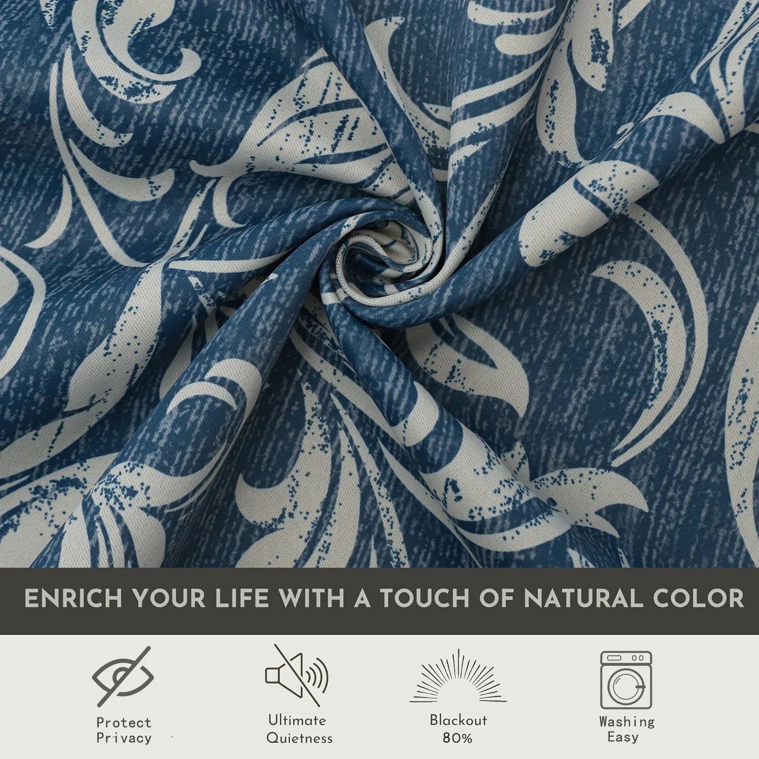 Elegant blue blackout curtain with intricate white floral patterns, designed to block sunlight, enhance privacy, and add a sophisticated touch to any living room or bedroom décor.