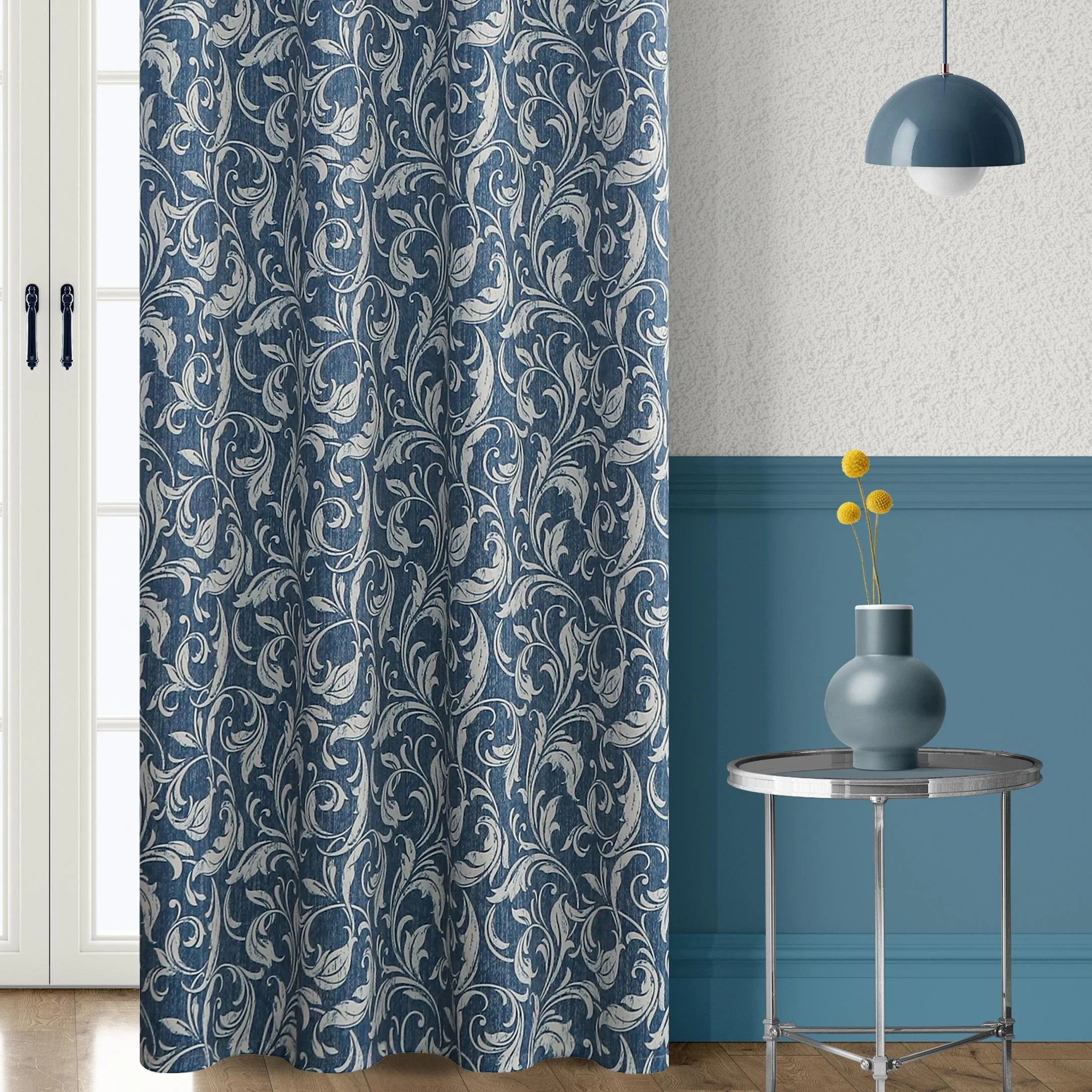 Elegant blue blackout curtain with intricate white floral patterns, designed to block sunlight, enhance privacy, and add a sophisticated touch to any living room or bedroom d¨¦cor.