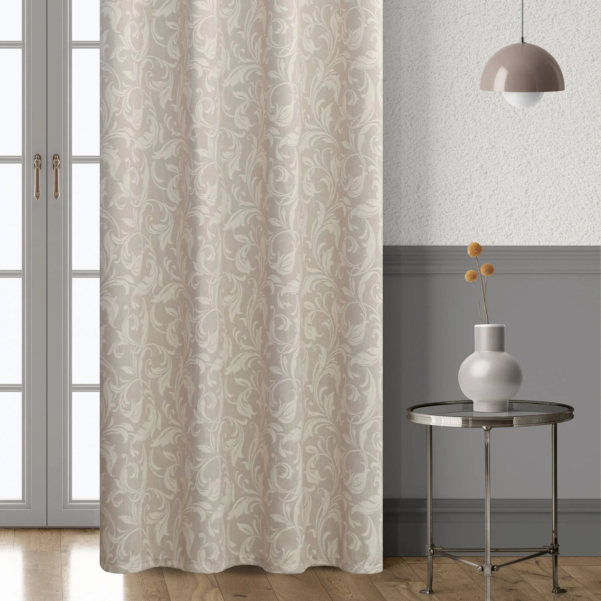 Ivory blackout curtain with delicate floral patterns, designed to block sunlight, ensure privacy, and add a touch of timeless elegance to bedrooms, living rooms, or study spaces.