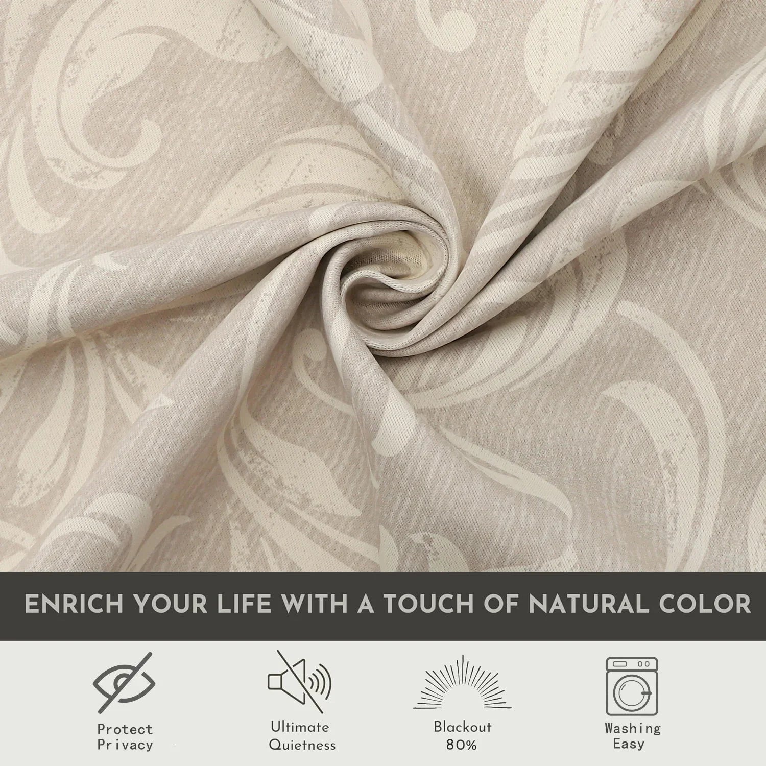 Ivory blackout curtain with delicate floral patterns, designed to block sunlight, ensure privacy, and add a touch of timeless elegance to bedrooms, living rooms, or study spaces.
