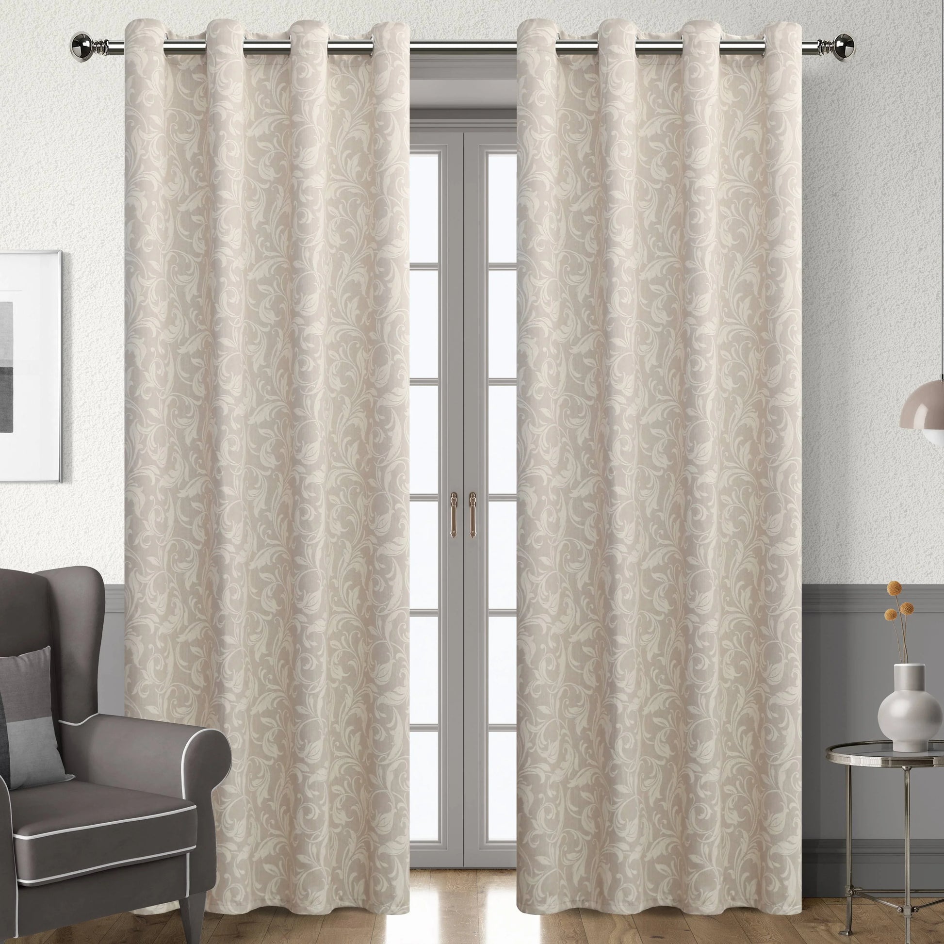 Ivory blackout curtain with delicate floral patterns, designed to block sunlight, ensure privacy, and add a touch of timeless elegance to bedrooms, living rooms, or study spaces.