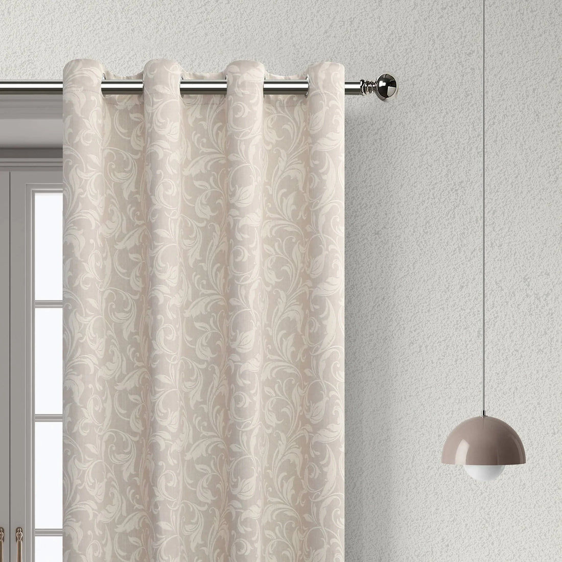 Ivory blackout curtain with delicate floral patterns, designed to block sunlight, ensure privacy, and add a touch of timeless elegance to bedrooms, living rooms, or study spaces.