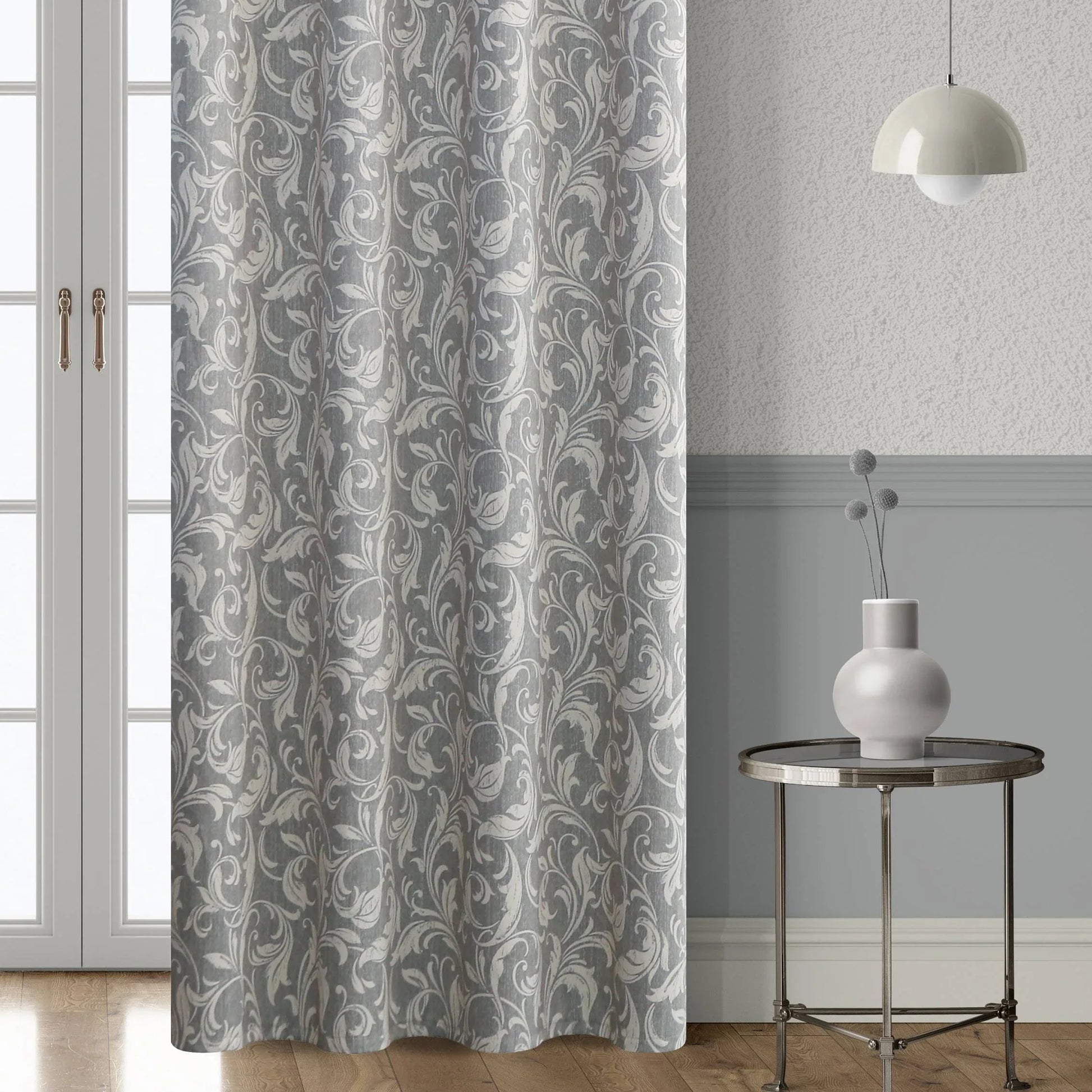 Elegant grey blackout curtain featuring intricate white floral patterns, perfect for blocking sunlight, enhancing privacy, and adding a sophisticated touch to any bedroom, living room, or office décor.