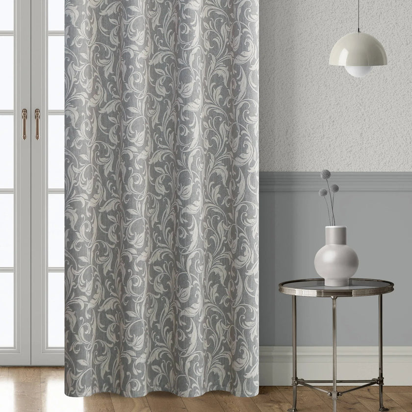Elegant grey blackout curtain featuring intricate white floral patterns, perfect for blocking sunlight, enhancing privacy, and adding a sophisticated touch to any bedroom, living room, or office d¨¦cor.