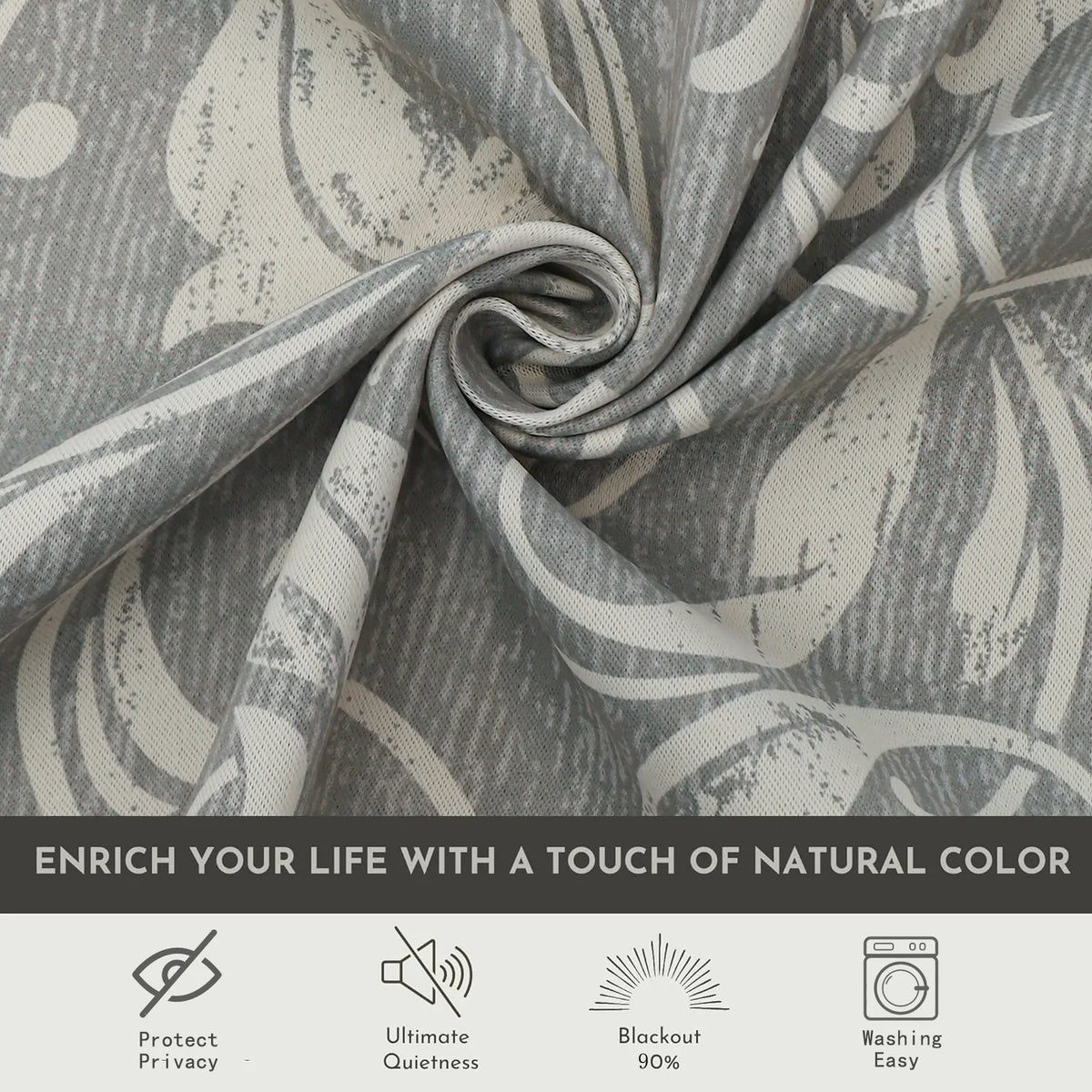 Elegant grey blackout curtain featuring intricate white floral patterns, perfect for blocking sunlight, enhancing privacy, and adding a sophisticated touch to any bedroom, living room, or office d¨¦cor.
