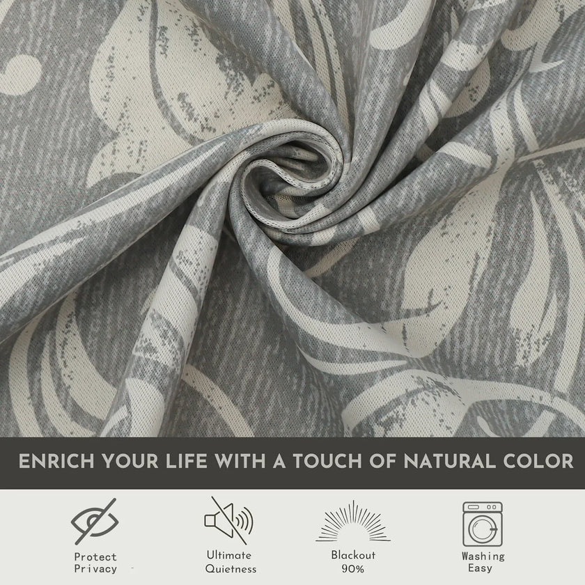 Elegant grey blackout curtain featuring intricate white floral patterns, perfect for blocking sunlight, enhancing privacy, and adding a sophisticated touch to any bedroom, living room, or office d¨¦cor.