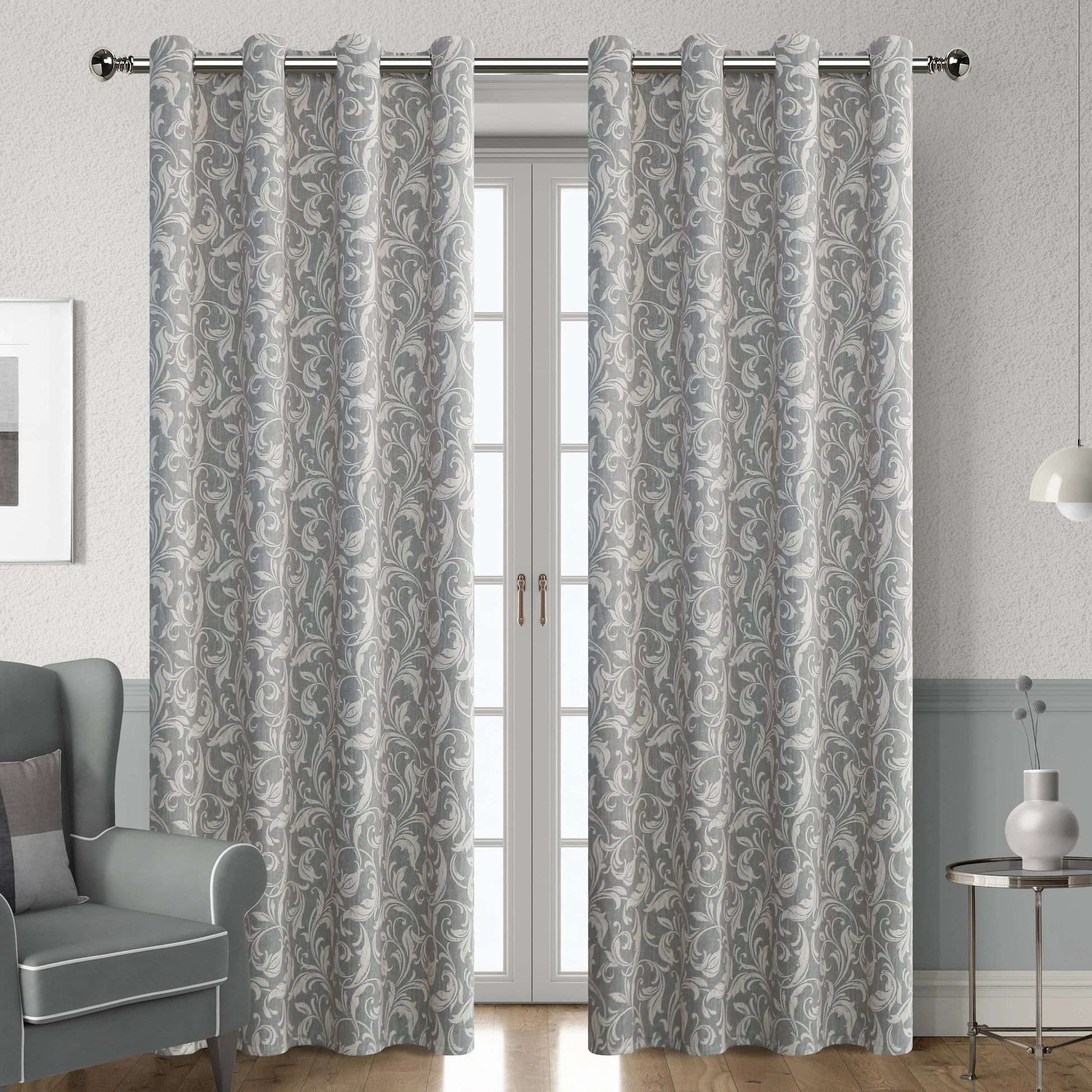 Elegant grey blackout curtain featuring intricate white floral patterns, perfect for blocking sunlight, enhancing privacy, and adding a sophisticated touch to any bedroom, living room, or office décor.