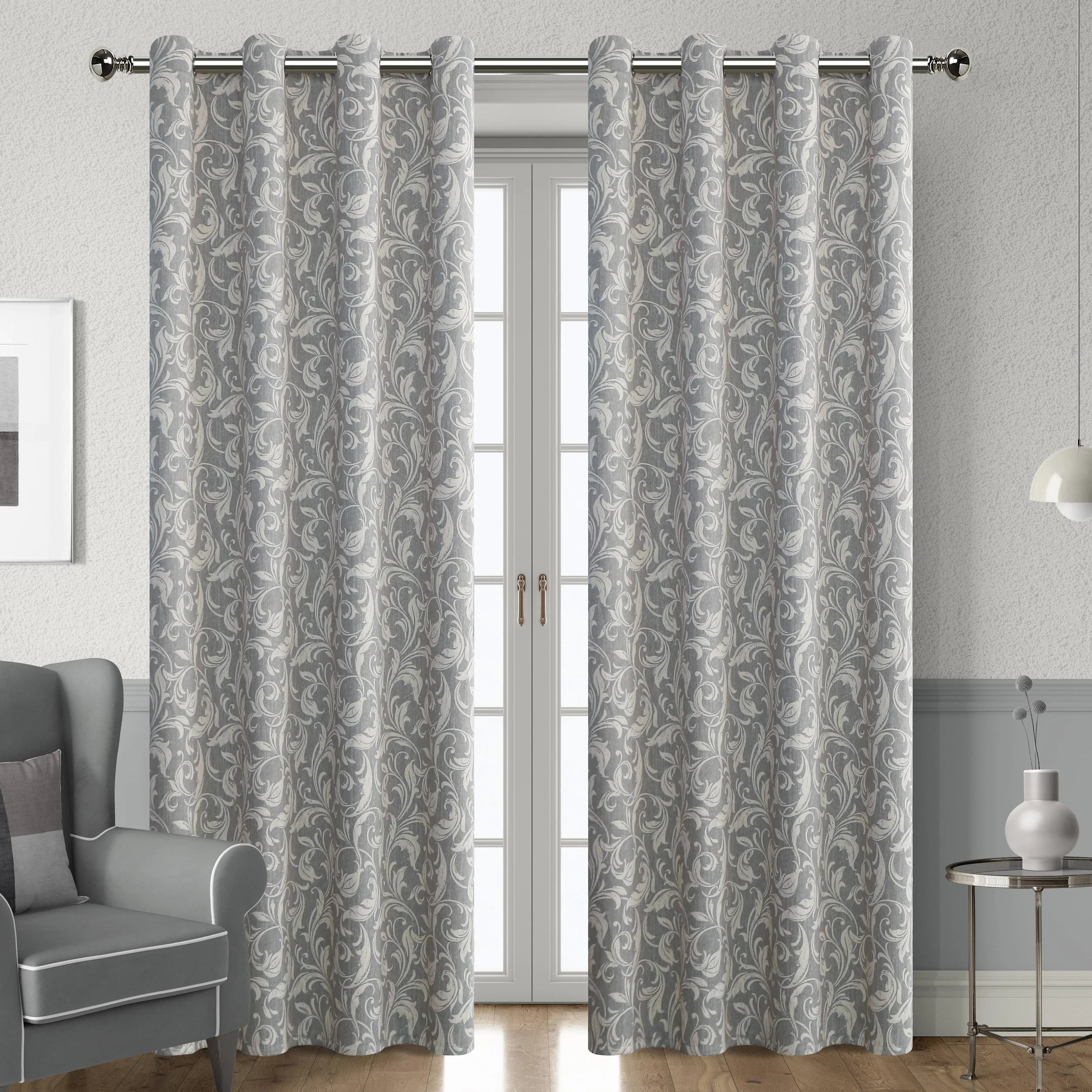 Elegant grey blackout curtain featuring intricate white floral patterns, perfect for blocking sunlight, enhancing privacy, and adding a sophisticated touch to any bedroom, living room, or office d¨¦cor.