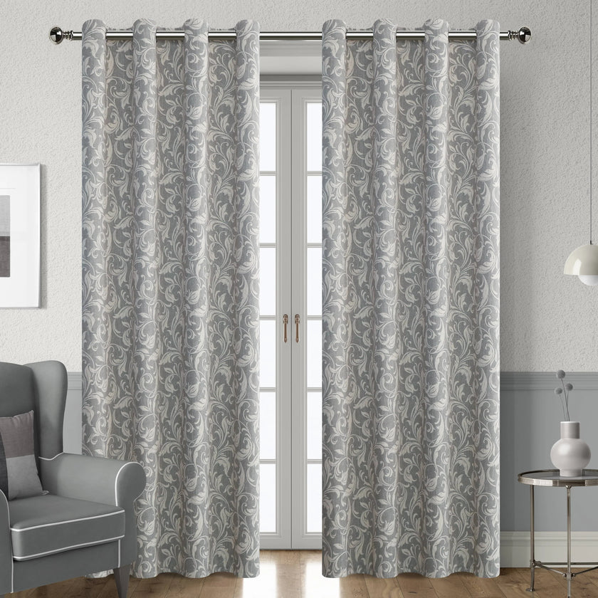 Elegant grey blackout curtain featuring intricate white floral patterns, perfect for blocking sunlight, enhancing privacy, and adding a sophisticated touch to any bedroom, living room, or office d¨¦cor.