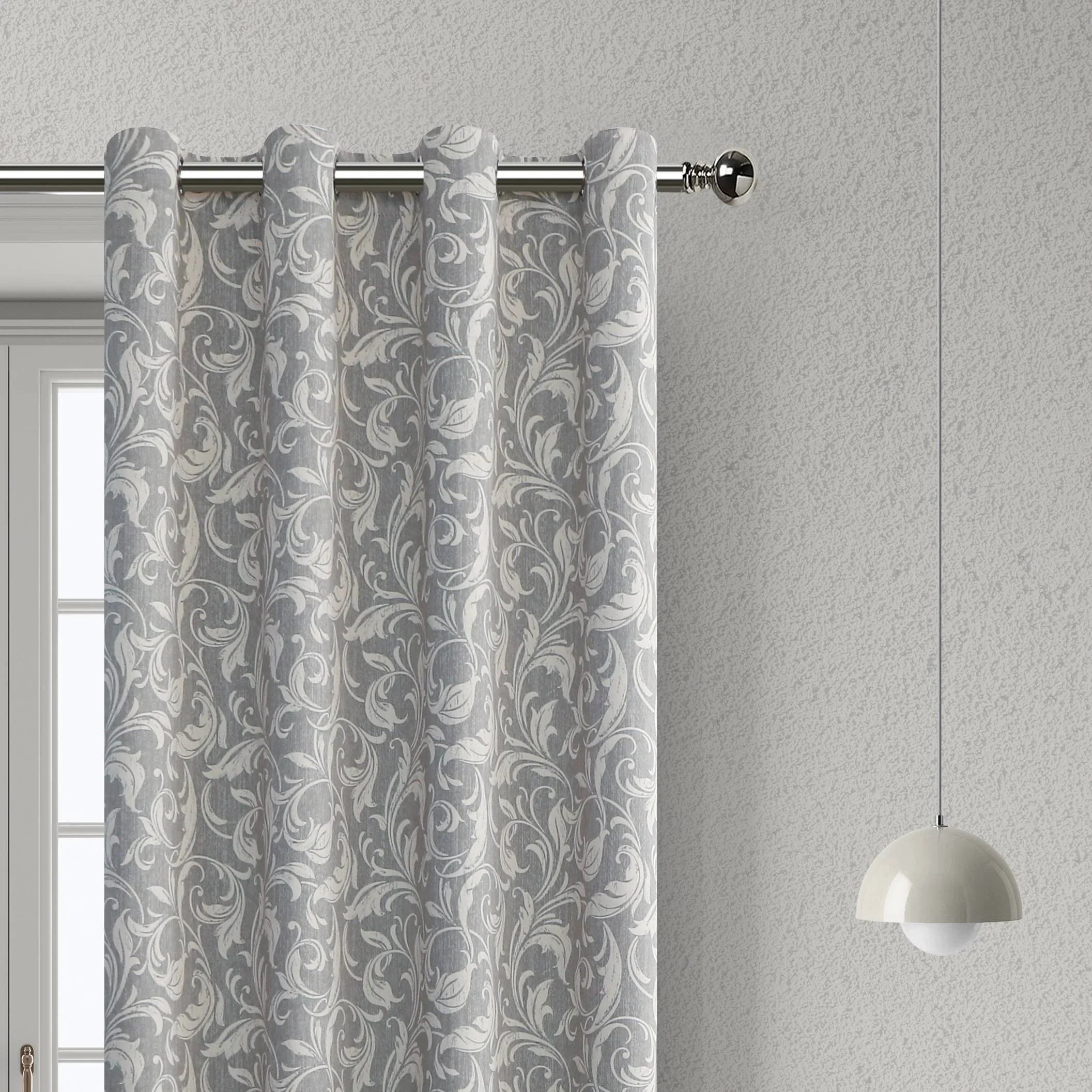 Elegant grey blackout curtain featuring intricate white floral patterns, perfect for blocking sunlight, enhancing privacy, and adding a sophisticated touch to any bedroom, living room, or office d¨¦cor.