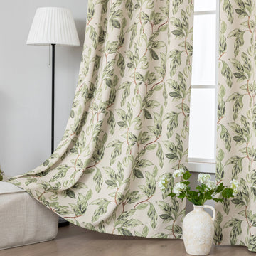 Nature-inspired blackout curtain with lush green leaf prints on a beige background, designed to block sunlight, enhance privacy, and bring a fresh, botanical charm to your living room, bedroom, or dining space.