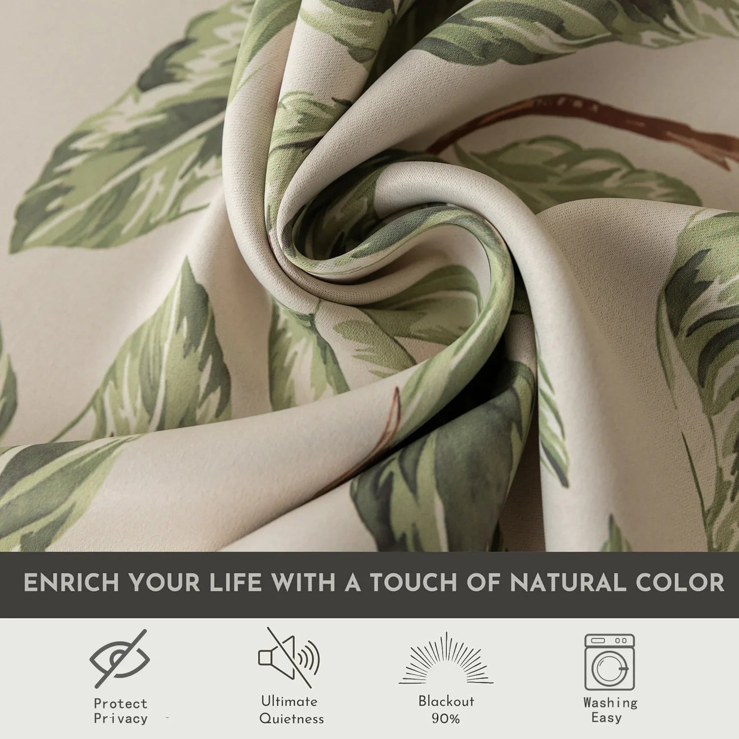 Nature-inspired blackout curtain with lush green leaf prints on a beige background, designed to block sunlight, enhance privacy, and bring a fresh, botanical charm to your living room, bedroom, or dining space.