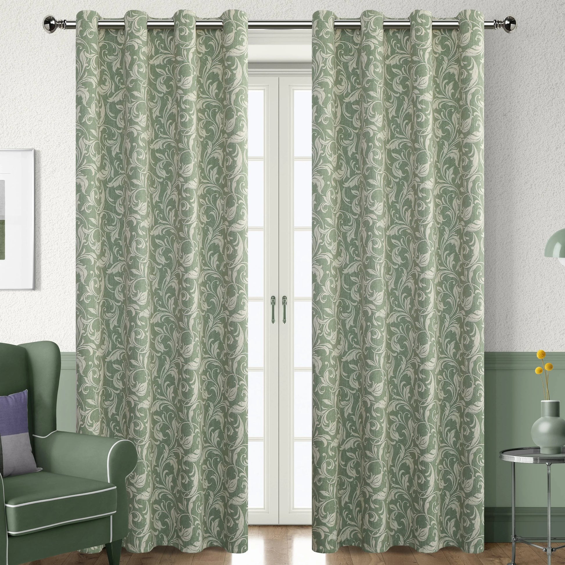 Elegant green blackout curtain with intricate floral vine patterns, offering superior light blocking, privacy, and a fresh, stylish touch for living rooms, bedrooms, or dining areas.