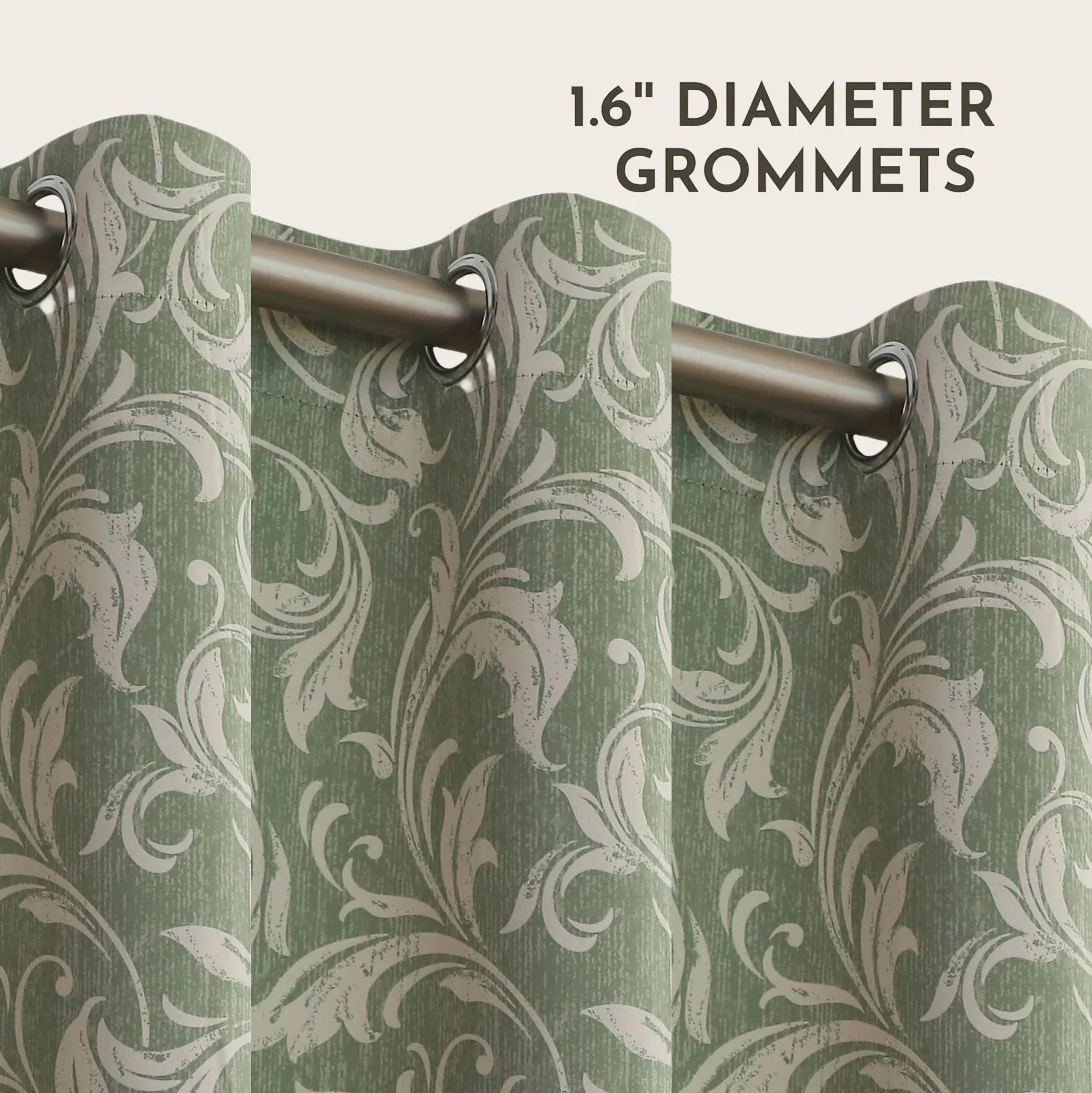 Elegant green blackout curtain with intricate floral vine patterns, offering superior light blocking, privacy, and a fresh, stylish touch for living rooms, bedrooms, or dining areas.