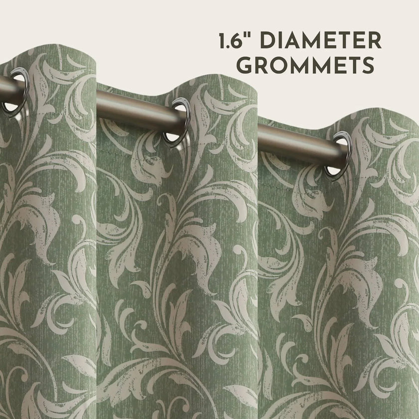 Elegant green blackout curtain with intricate floral vine patterns, offering superior light blocking, privacy, and a fresh, stylish touch for living rooms, bedrooms, or dining areas.