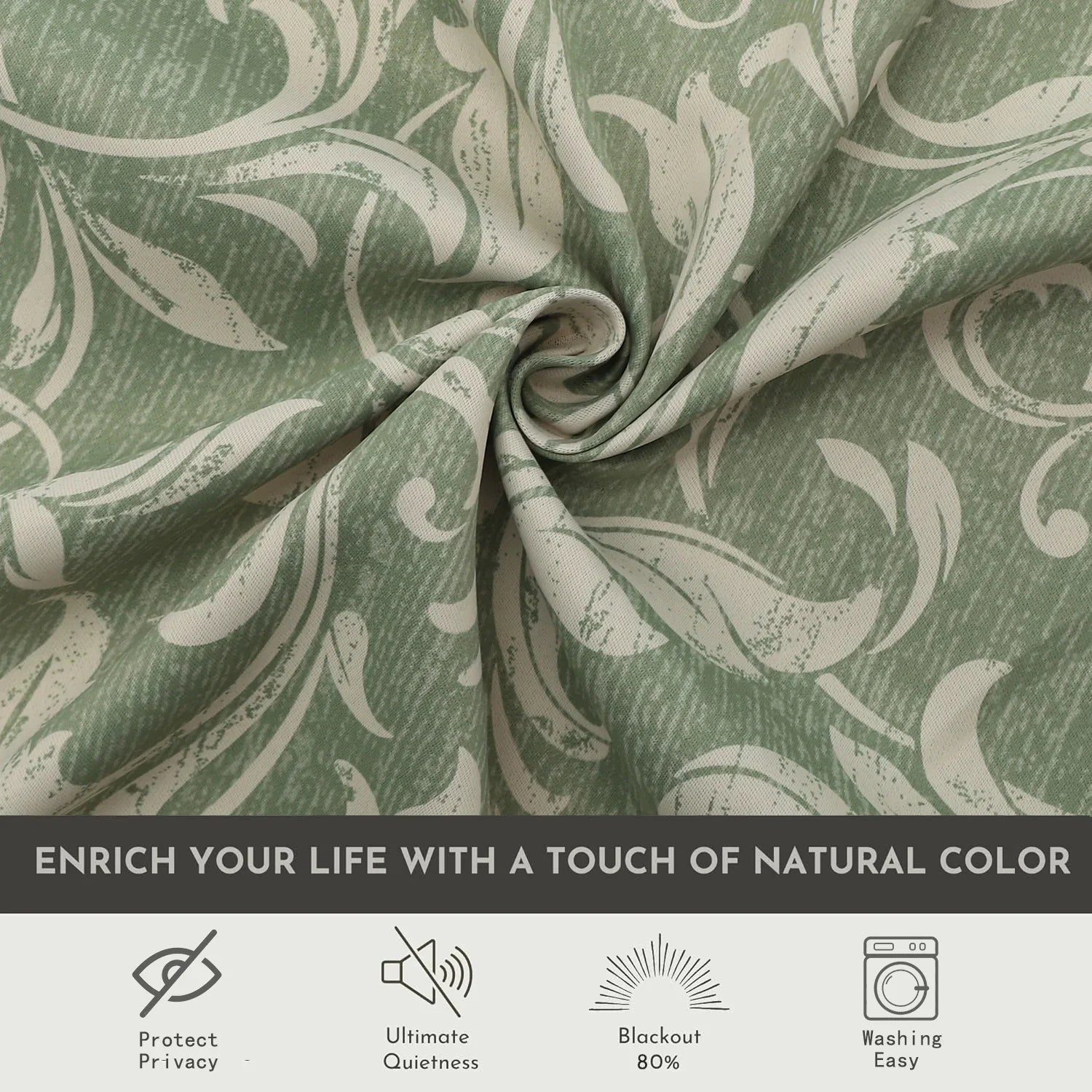 Elegant green blackout curtain with intricate floral vine patterns, offering superior light blocking, privacy, and a fresh, stylish touch for living rooms, bedrooms, or dining areas.