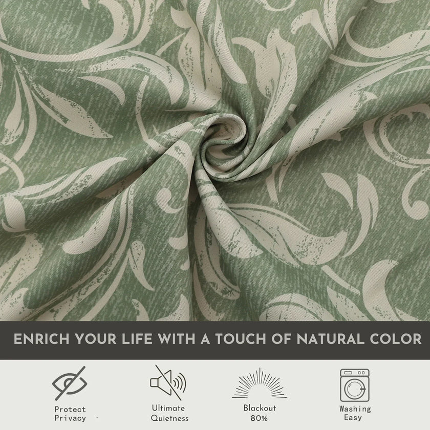 Elegant green blackout curtain with intricate floral vine patterns, offering superior light blocking, privacy, and a fresh, stylish touch for living rooms, bedrooms, or dining areas.