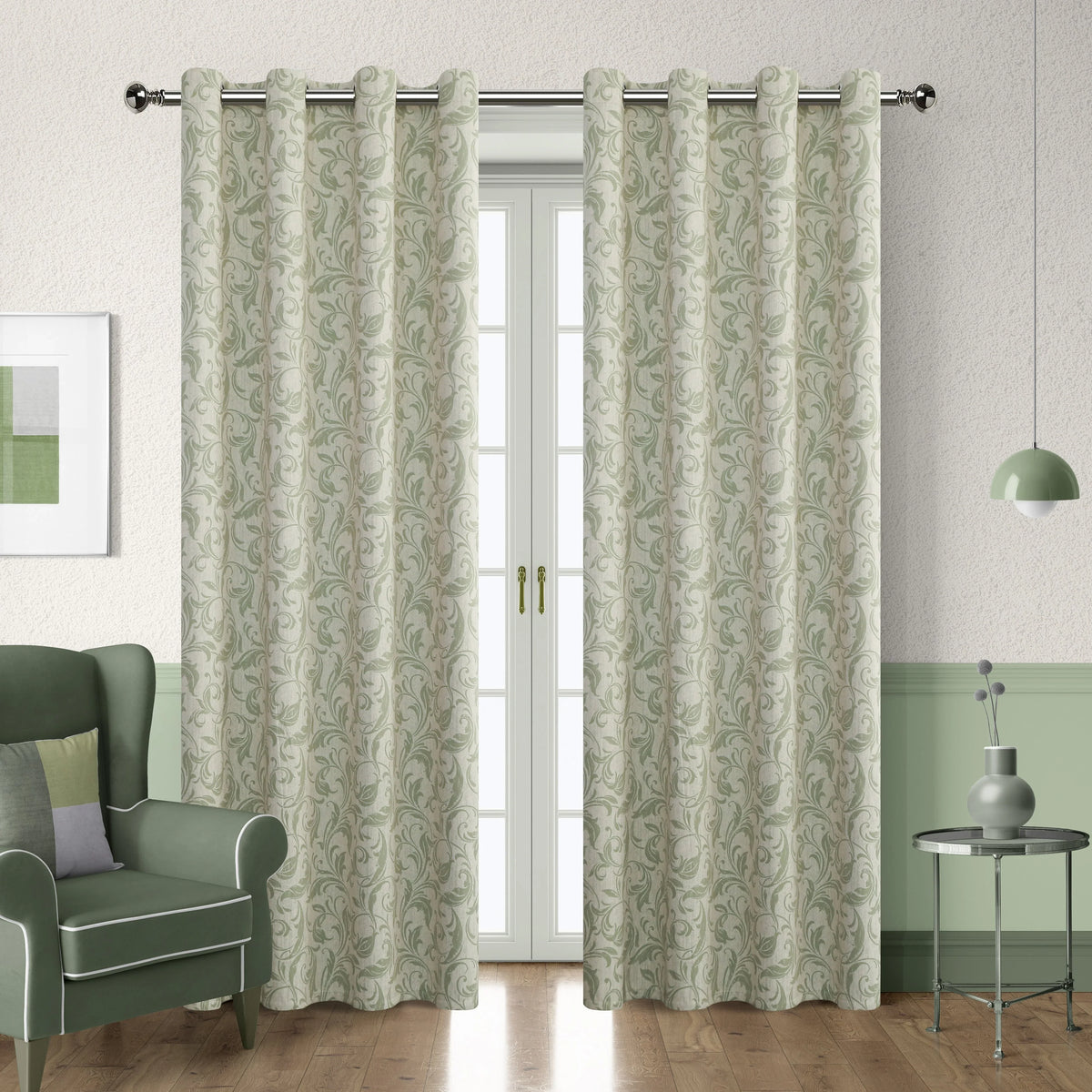 Stylish beige blackout curtain with soft green vine patterns, delivering excellent light blocking and privacy while adding a fresh, elegant touch to living rooms, bedrooms, or dining spaces.