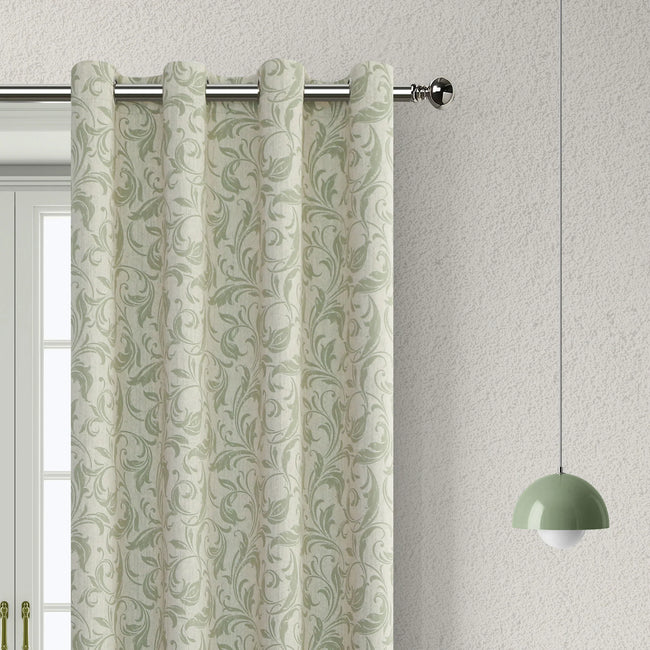 Stylish beige blackout curtain with soft green vine patterns, delivering excellent light blocking and privacy while adding a fresh, elegant touch to living rooms, bedrooms, or dining spaces.