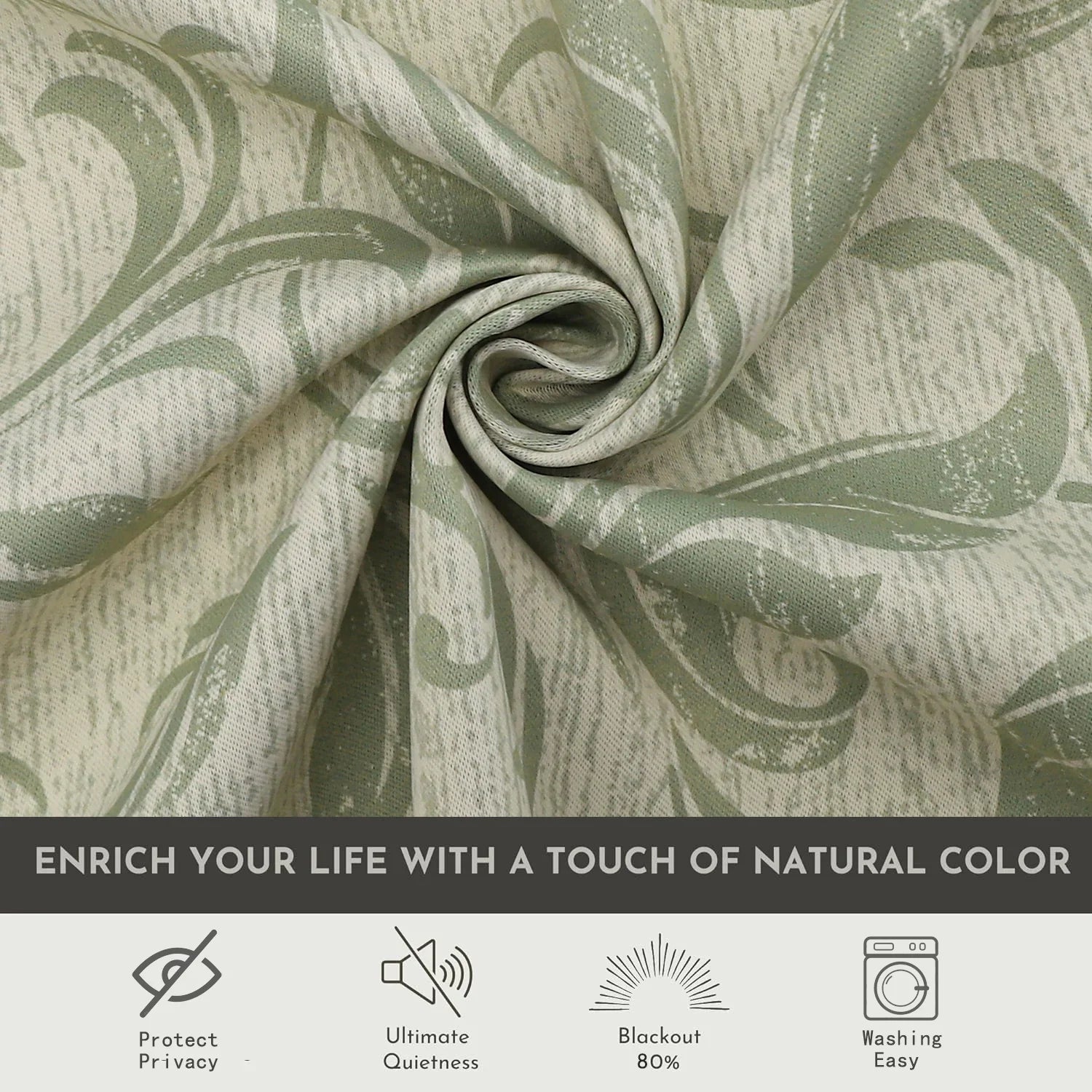 Stylish beige blackout curtain with soft green vine patterns, delivering excellent light blocking and privacy while adding a fresh, elegant touch to living rooms, bedrooms, or dining spaces.
