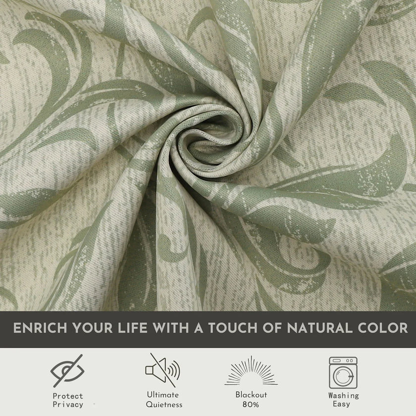 Stylish beige blackout curtain with soft green vine patterns, delivering excellent light blocking and privacy while adding a fresh, elegant touch to living rooms, bedrooms, or dining spaces.