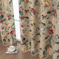 Charming beige blackout curtain with vibrant floral print, featuring yellow, red, and pink blossoms for a fresh, romantic look while providing excellent light blocking and privacy for any room.