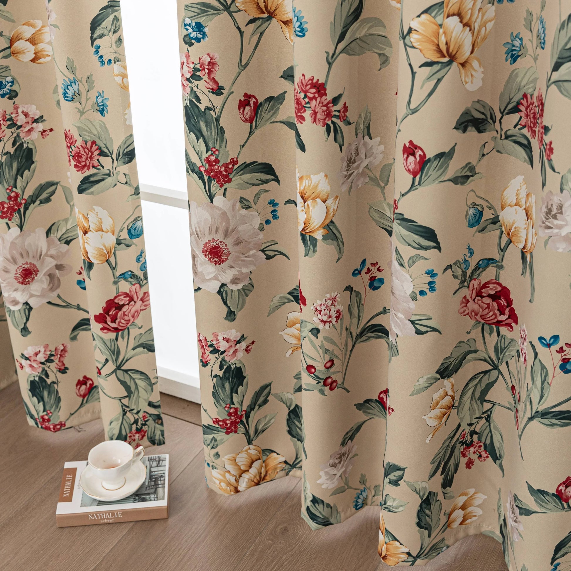 Charming beige blackout curtain with vibrant floral print, featuring yellow, red, and pink blossoms for a fresh, romantic look while providing excellent light blocking and privacy for any room.