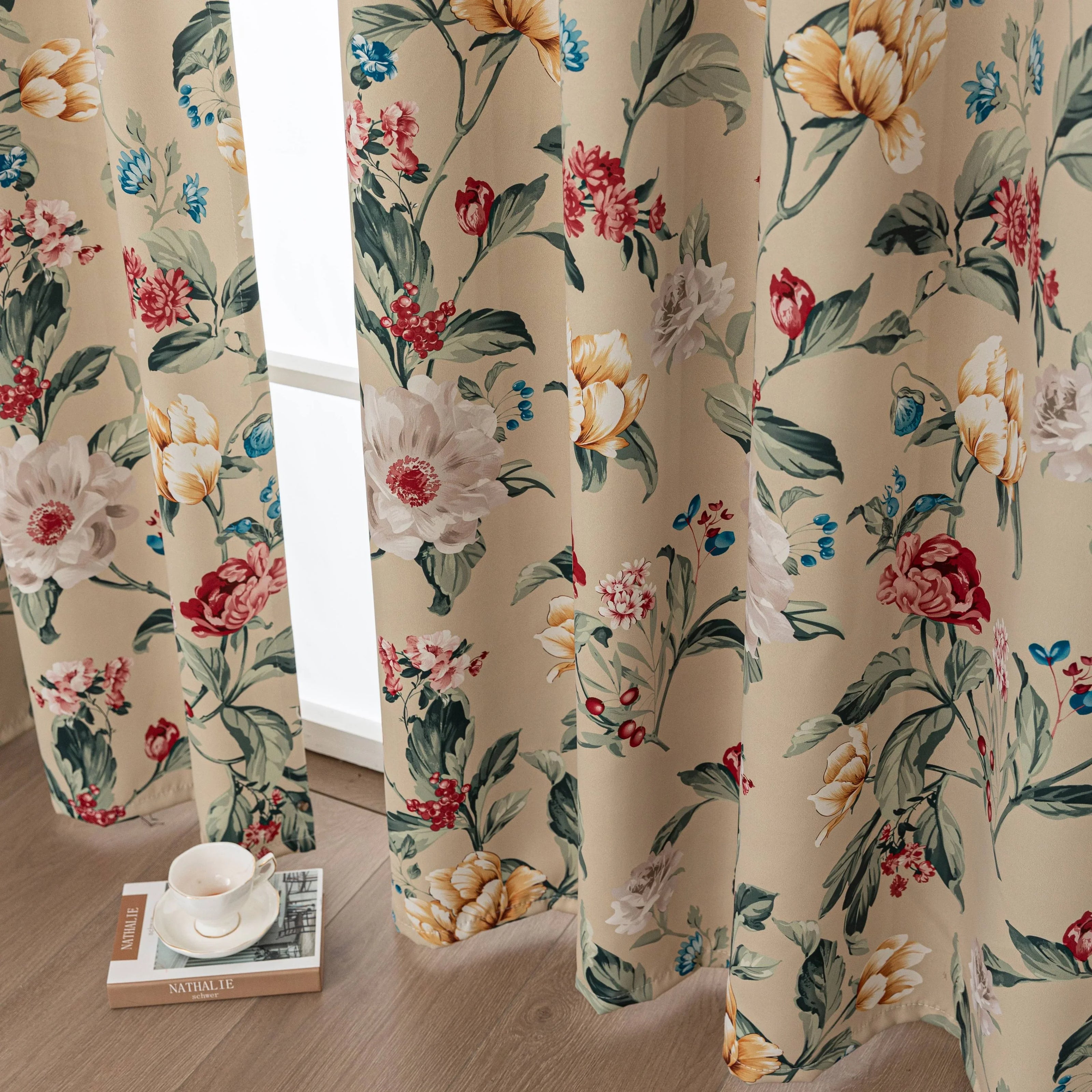 Charming beige blackout curtain with vibrant floral print, featuring yellow, red, and pink blossoms for a fresh, romantic look while providing excellent light blocking and privacy for any room.