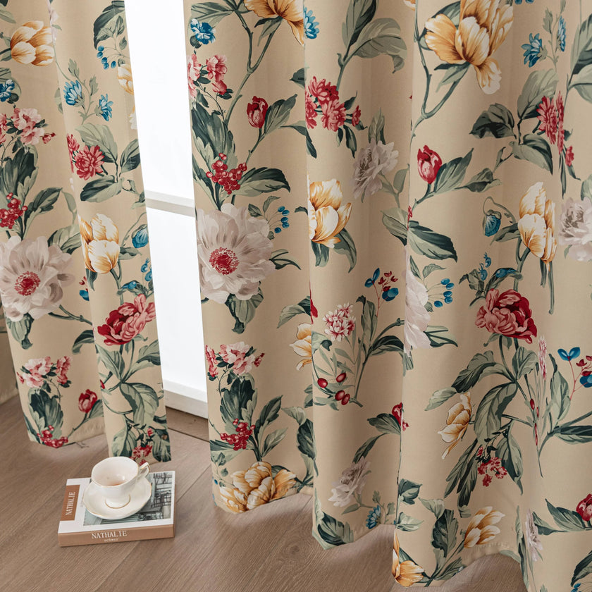 Charming beige blackout curtain with vibrant floral print, featuring yellow, red, and pink blossoms for a fresh, romantic look while providing excellent light blocking and privacy for any room.