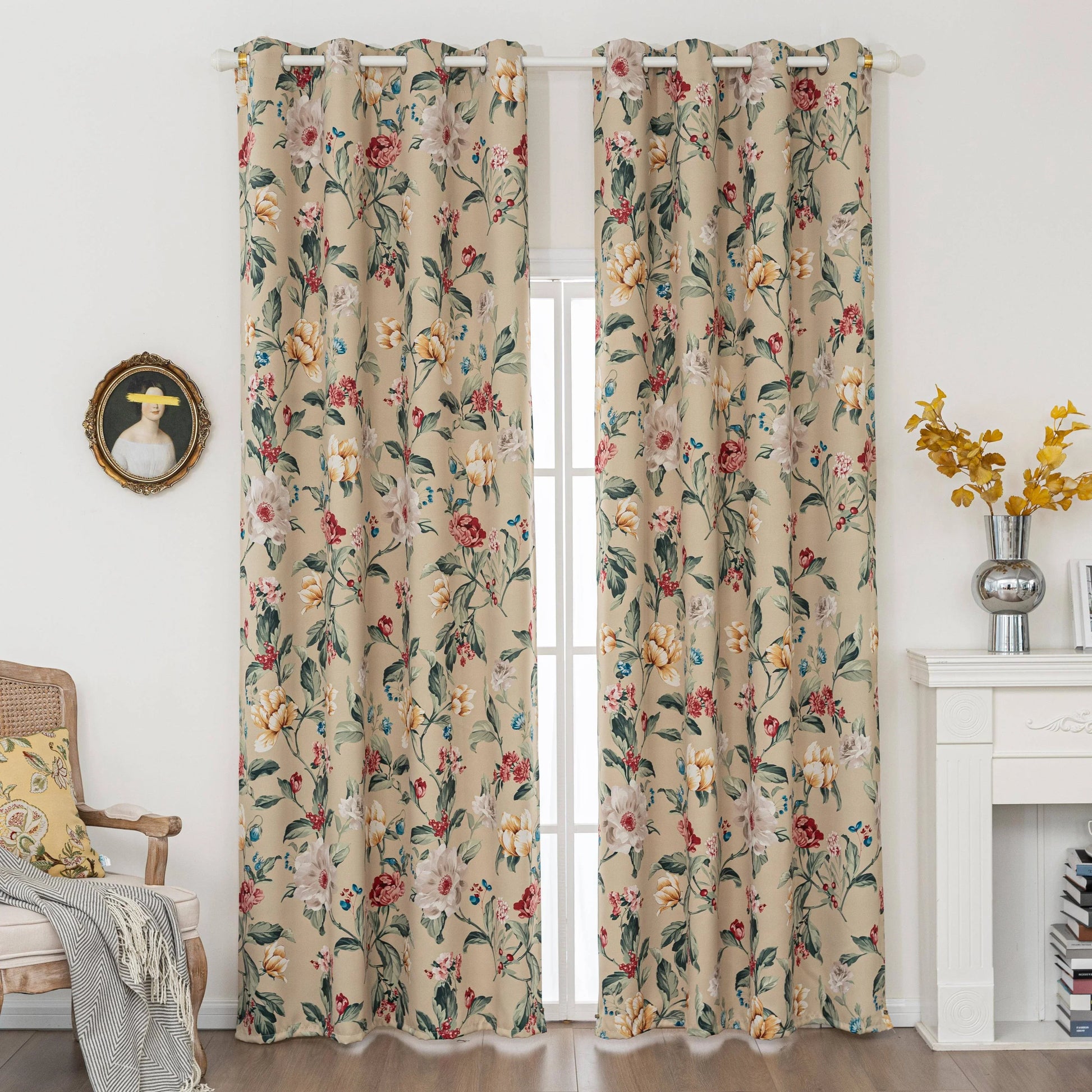 Charming beige blackout curtain with vibrant floral print, featuring yellow, red, and pink blossoms for a fresh, romantic look while providing excellent light blocking and privacy for any room.
