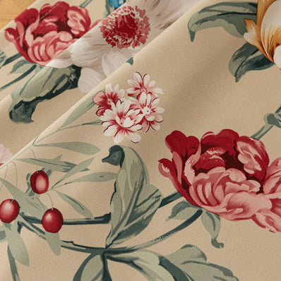 Charming beige blackout curtain with vibrant floral print, featuring yellow, red, and pink blossoms for a fresh, romantic look while providing excellent light blocking and privacy for any room.