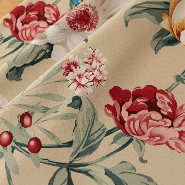 Charming beige blackout curtain with vibrant floral print, featuring yellow, red, and pink blossoms for a fresh, romantic look while providing excellent light blocking and privacy for any room.