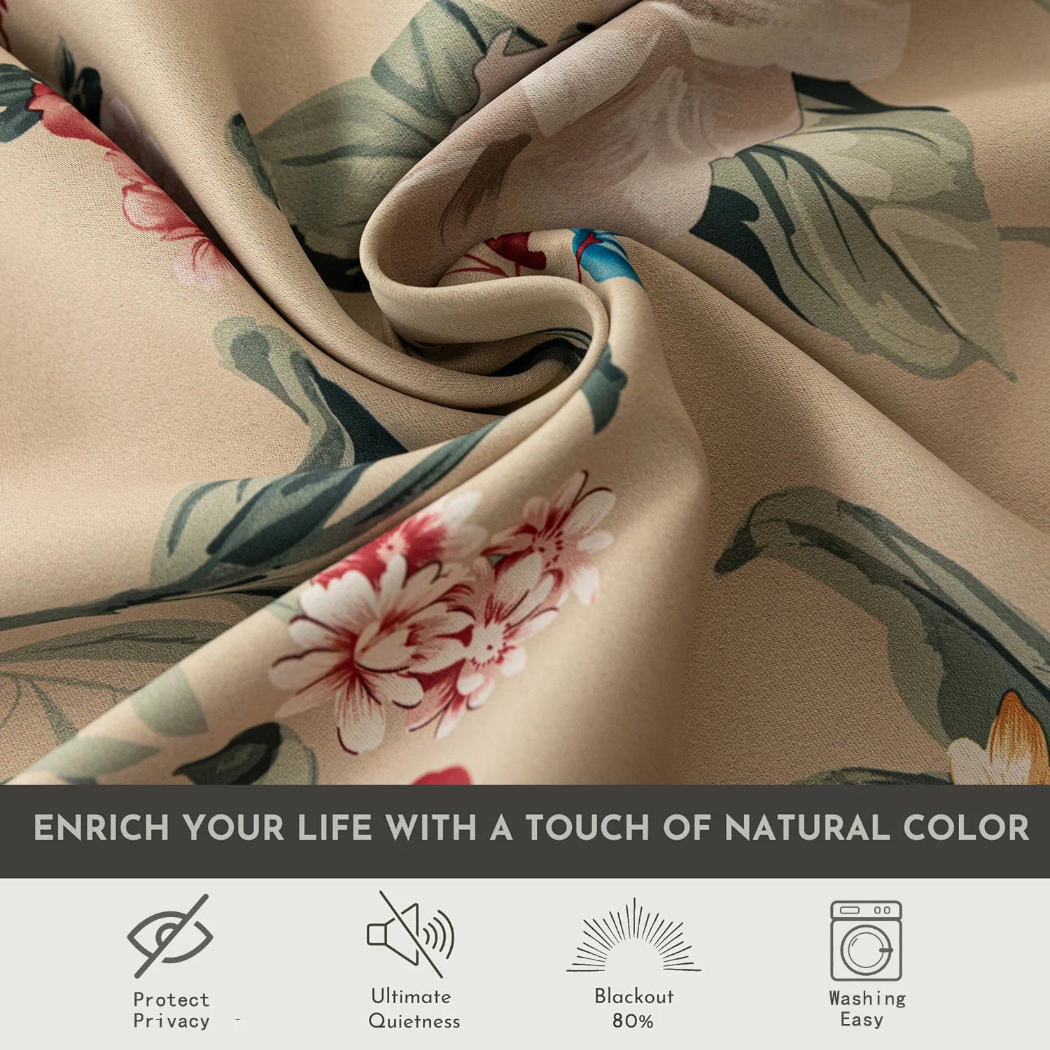 Charming beige blackout curtain with vibrant floral print, featuring yellow, red, and pink blossoms for a fresh, romantic look while providing excellent light blocking and privacy for any room.