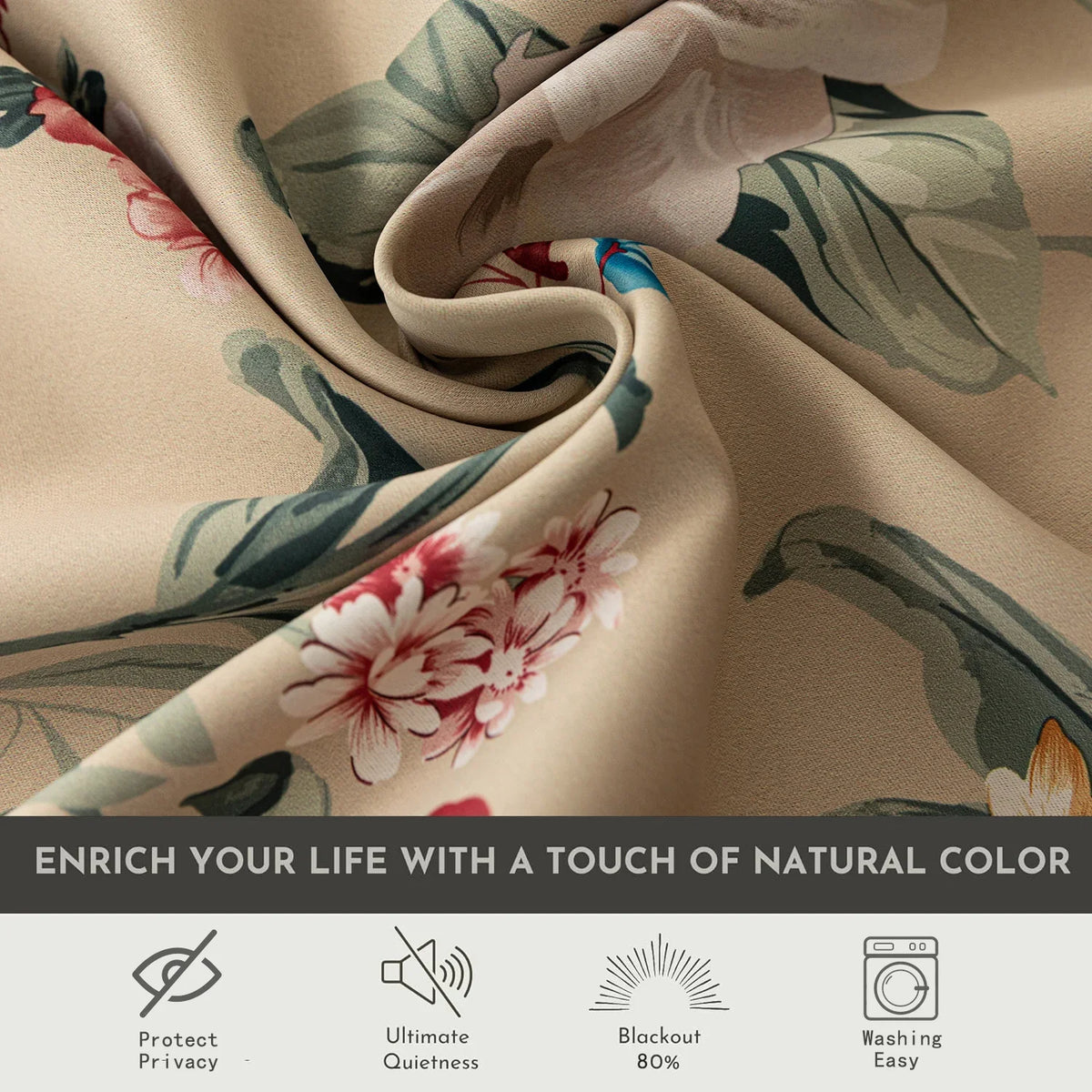 Charming beige blackout curtain with vibrant floral print, featuring yellow, red, and pink blossoms for a fresh, romantic look while providing excellent light blocking and privacy for any room.