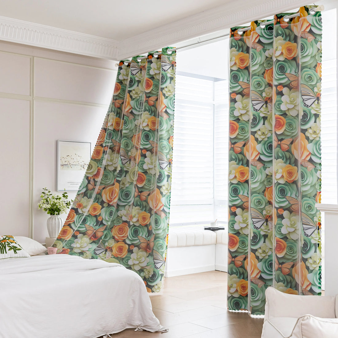Nature-inspired blackout curtain featuring vibrant green, yellow, and orange roses with delicate butterfly accents, providing excellent light-blocking, privacy, and a fresh, lively touch to bedroom or living room décor.