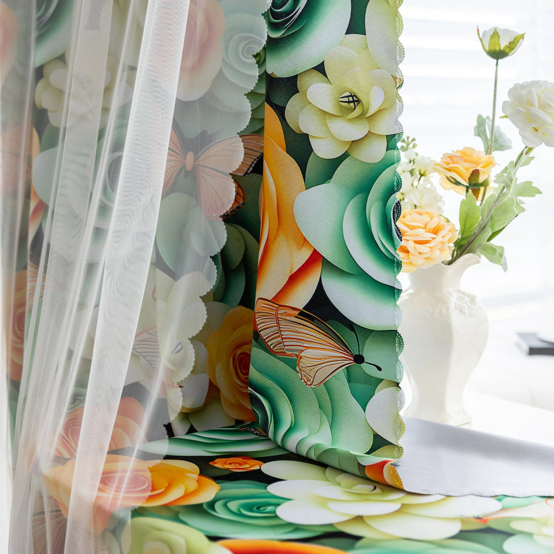 Nature-inspired blackout curtain featuring vibrant green, yellow, and orange roses with delicate butterfly accents, providing excellent light-blocking, privacy, and a fresh, lively touch to bedroom or living room décor.