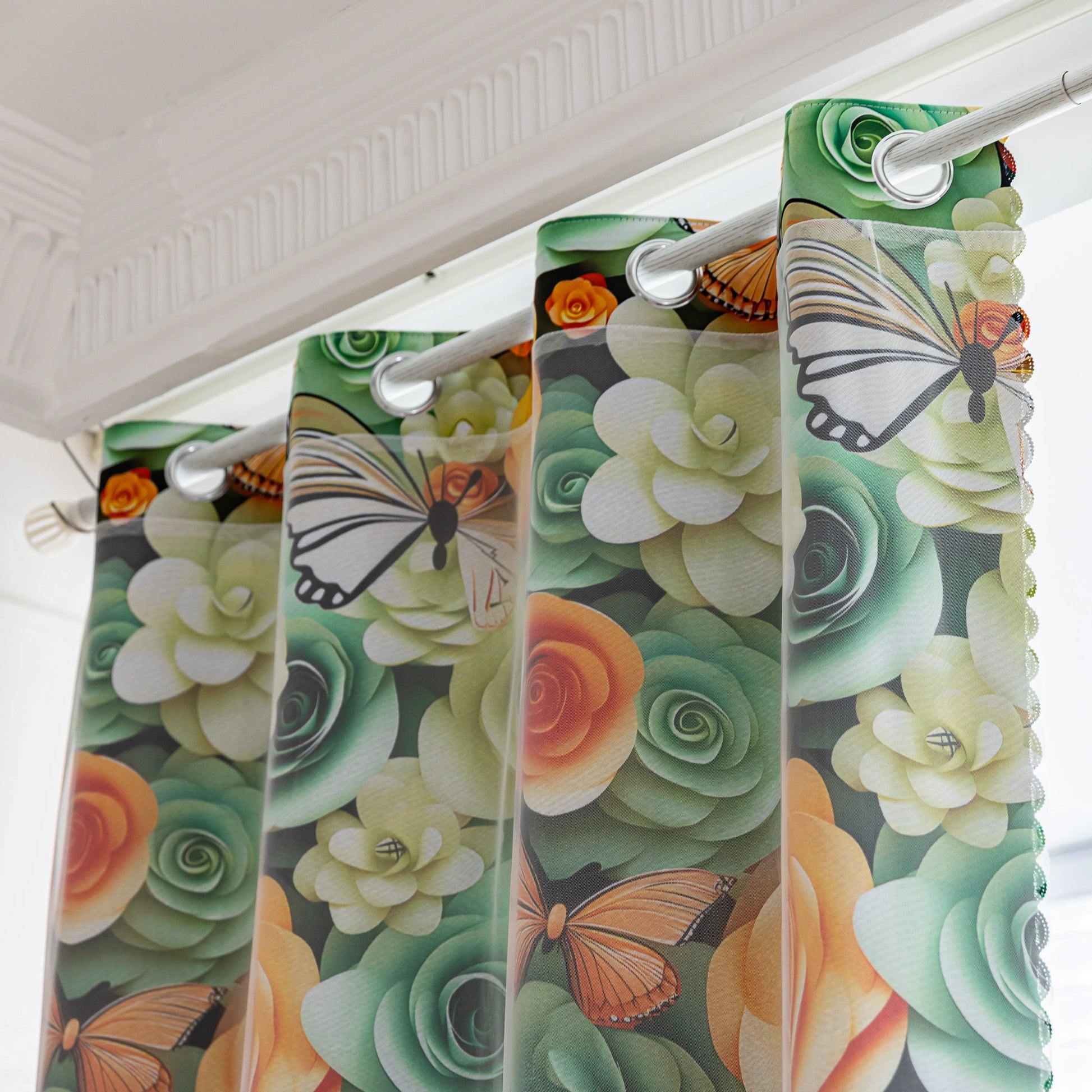 Nature-inspired blackout curtain featuring vibrant green, yellow, and orange roses with delicate butterfly accents, providing excellent light-blocking, privacy, and a fresh, lively touch to bedroom or living room décor.