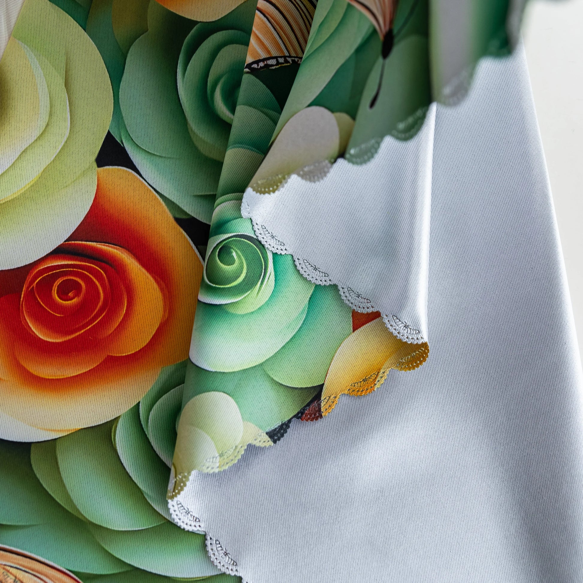 Nature-inspired blackout curtain featuring vibrant green, yellow, and orange roses with delicate butterfly accents, providing excellent light-blocking, privacy, and a fresh, lively touch to bedroom or living room décor.