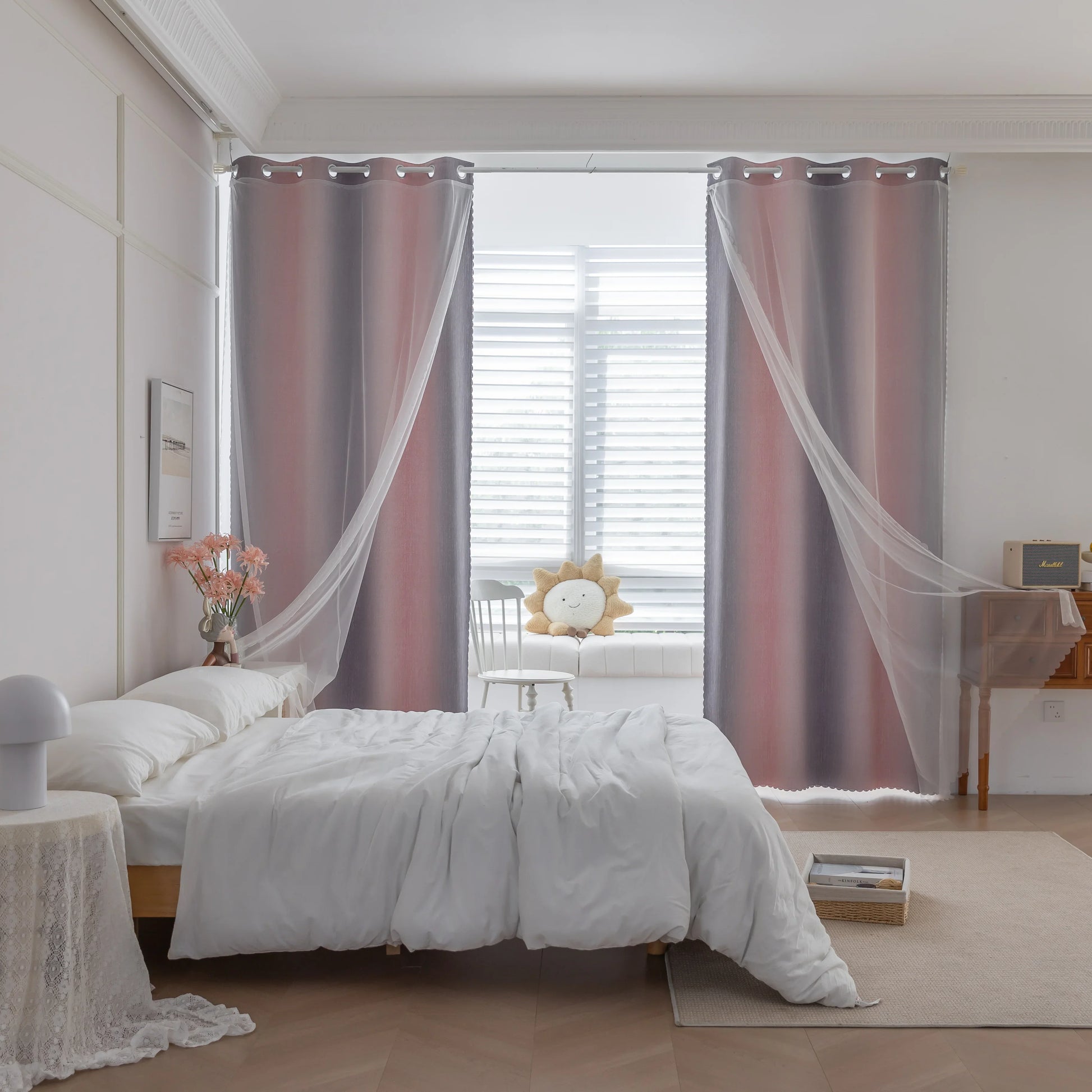 Modern gradient blackout curtain in soft pink and grey tones, offering superior light-blocking and privacy while adding a chic, contemporary touch to your bedroom or living room décor.