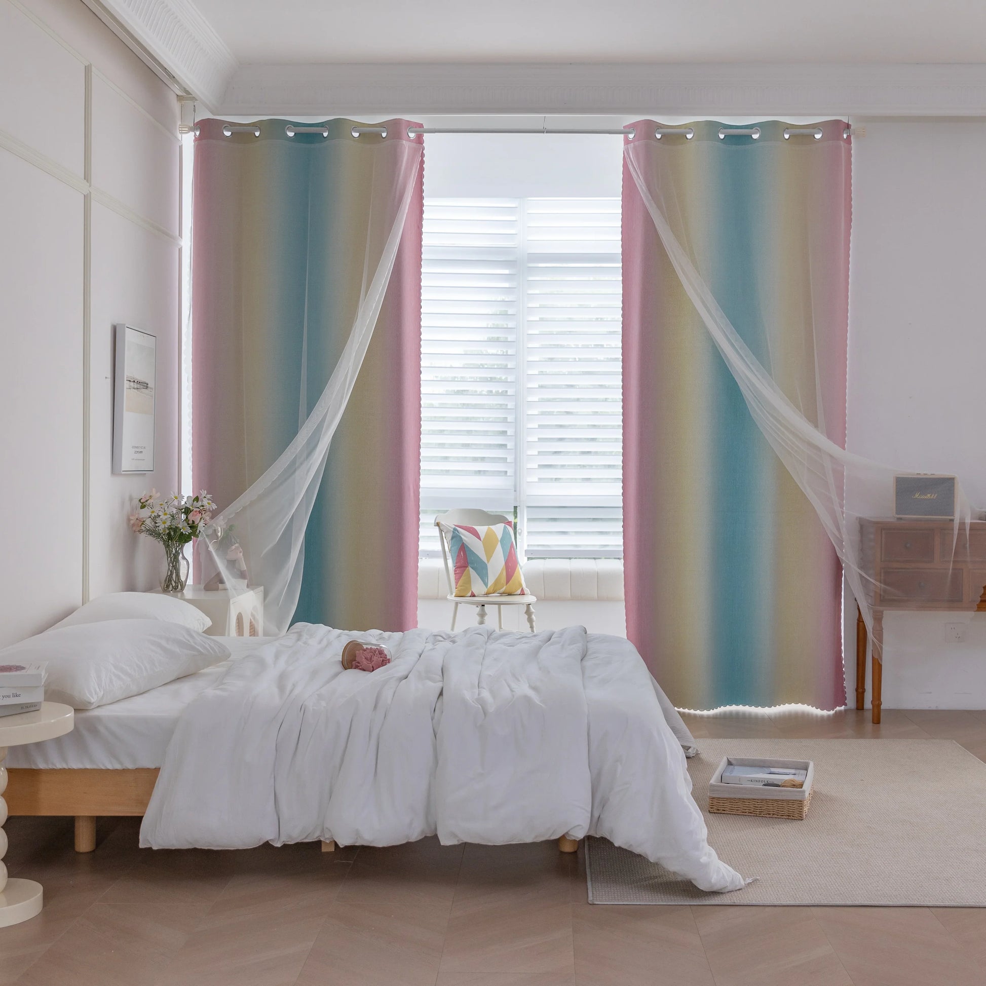 Colorful gradient blackout curtain with soft pink, yellow, and teal hues, designed to block light, enhance privacy, and bring a vibrant, modern charm to any bedroom or living space.
