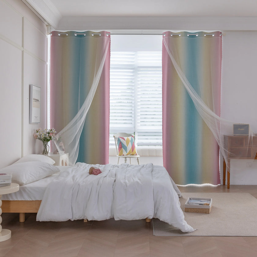 Colorful gradient blackout curtain with soft pink, yellow, and teal hues, designed to block light, enhance privacy, and bring a vibrant, modern charm to any bedroom or living space.