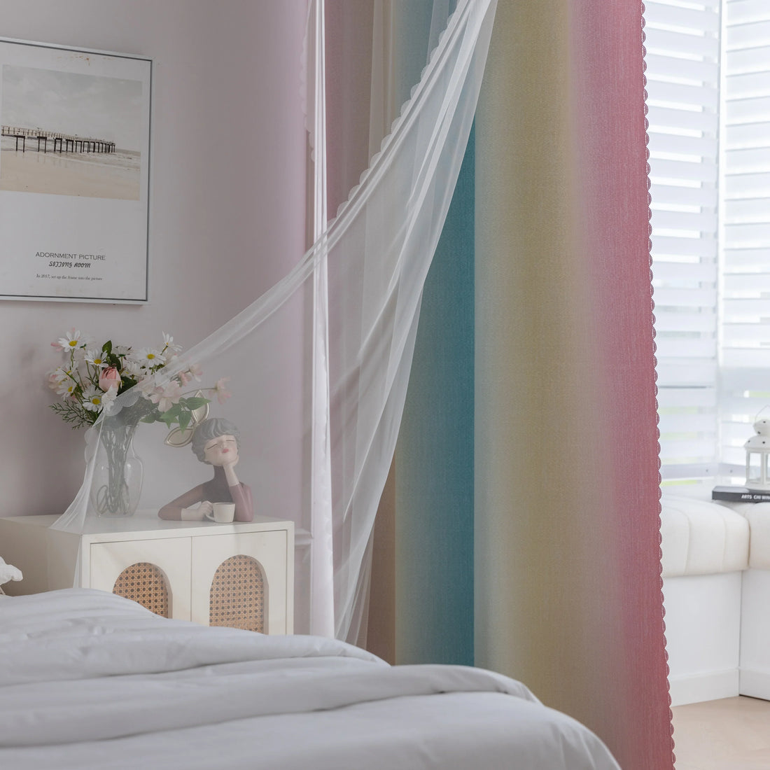 Colorful gradient blackout curtain with soft pink, yellow, and teal hues, designed to block light, enhance privacy, and bring a vibrant, modern charm to any bedroom or living space.