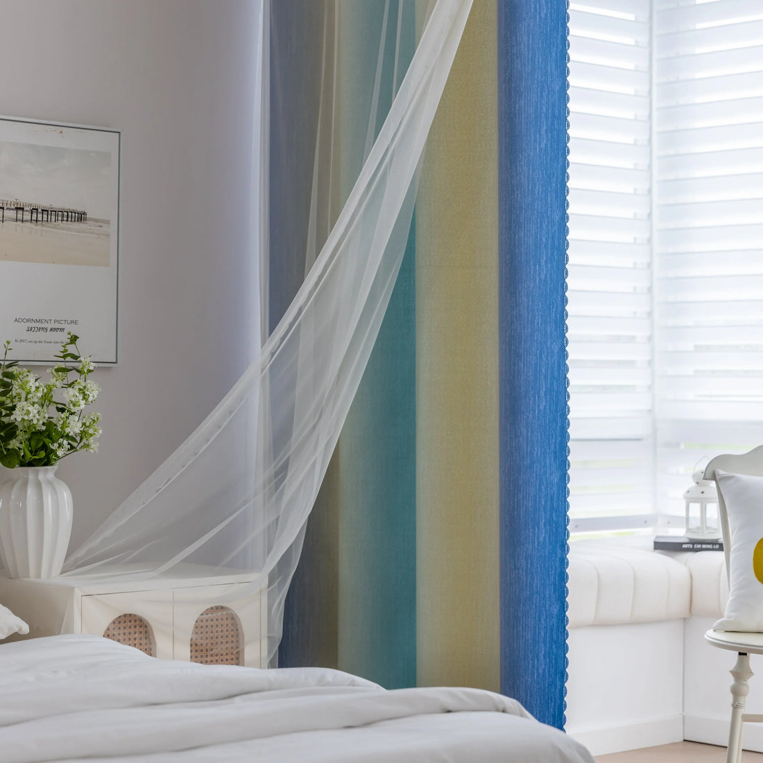 Blue, teal, and yellow gradient blackout curtain with elegant light-blocking fabric, offering privacy, energy efficiency, and a stylish modern touch for bedrooms or living rooms.