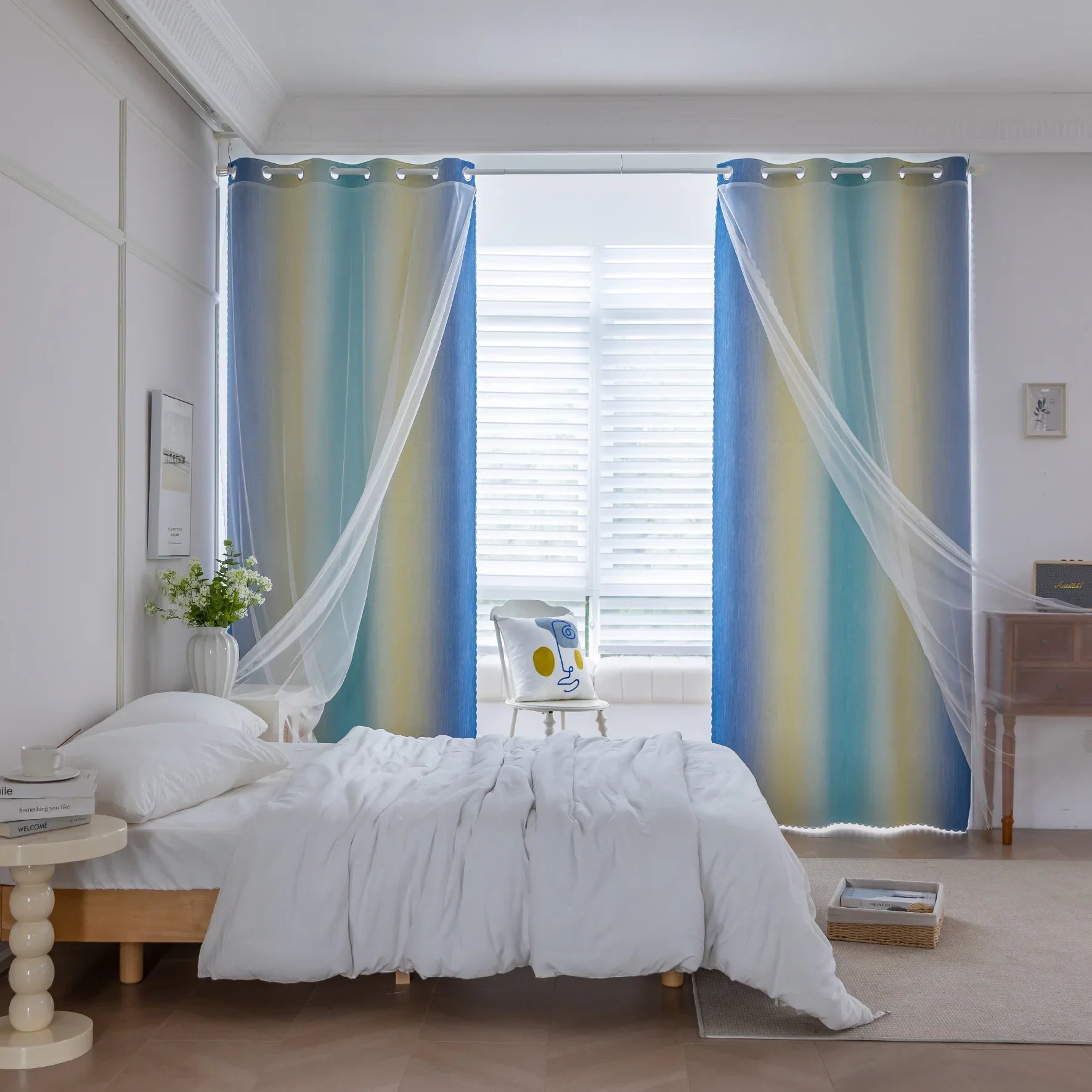 Blue, teal, and yellow gradient blackout curtain with elegant light-blocking fabric, offering privacy, energy efficiency, and a stylish modern touch for bedrooms or living rooms.